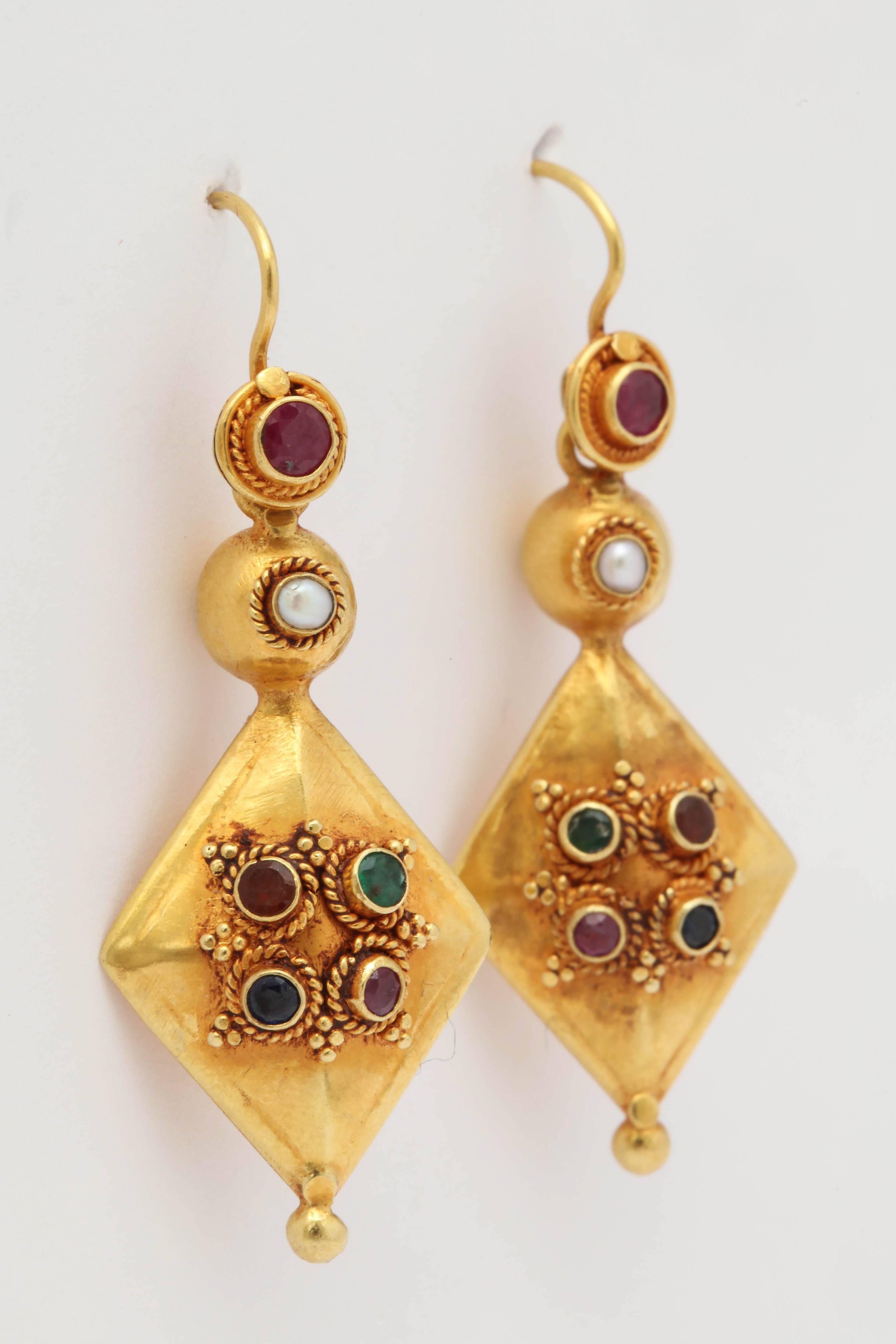 Round Cut  Ruby Sapphire, Emerald and Pearl High Karat Gold Dangle Earrings