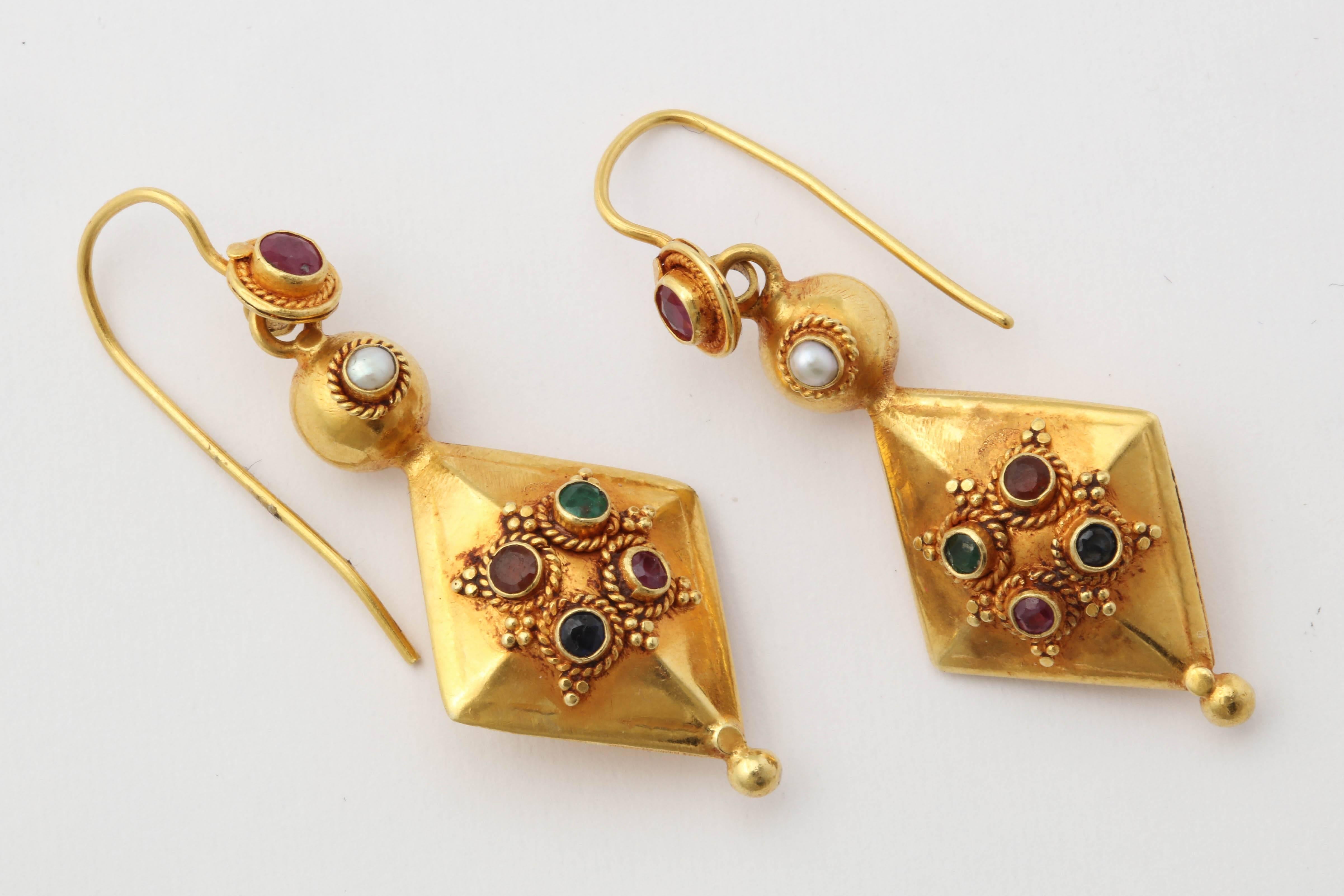 Women's  Ruby Sapphire, Emerald and Pearl High Karat Gold Dangle Earrings