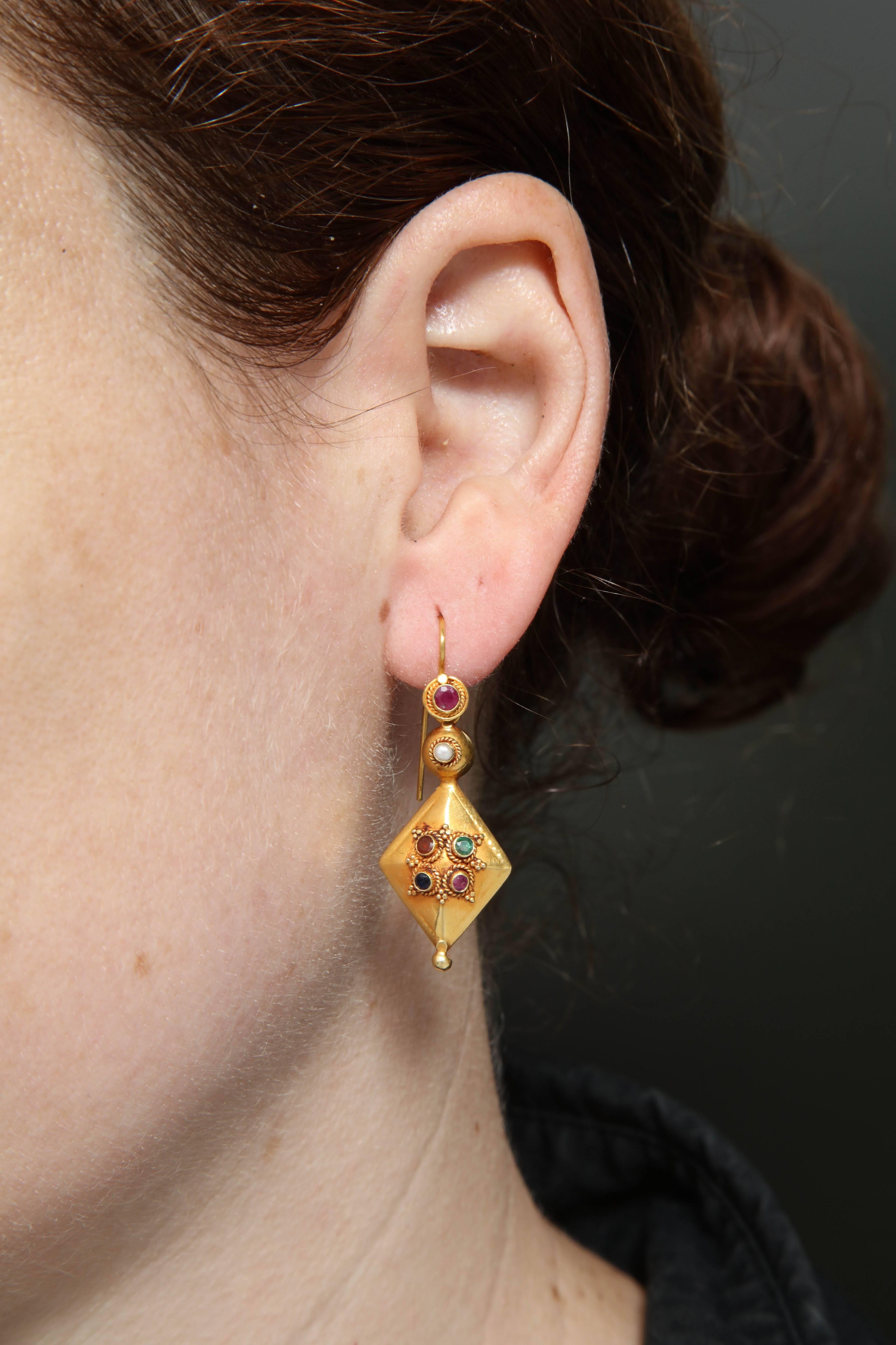  Ruby Sapphire, Emerald and Pearl High Karat Gold Dangle Earrings 1