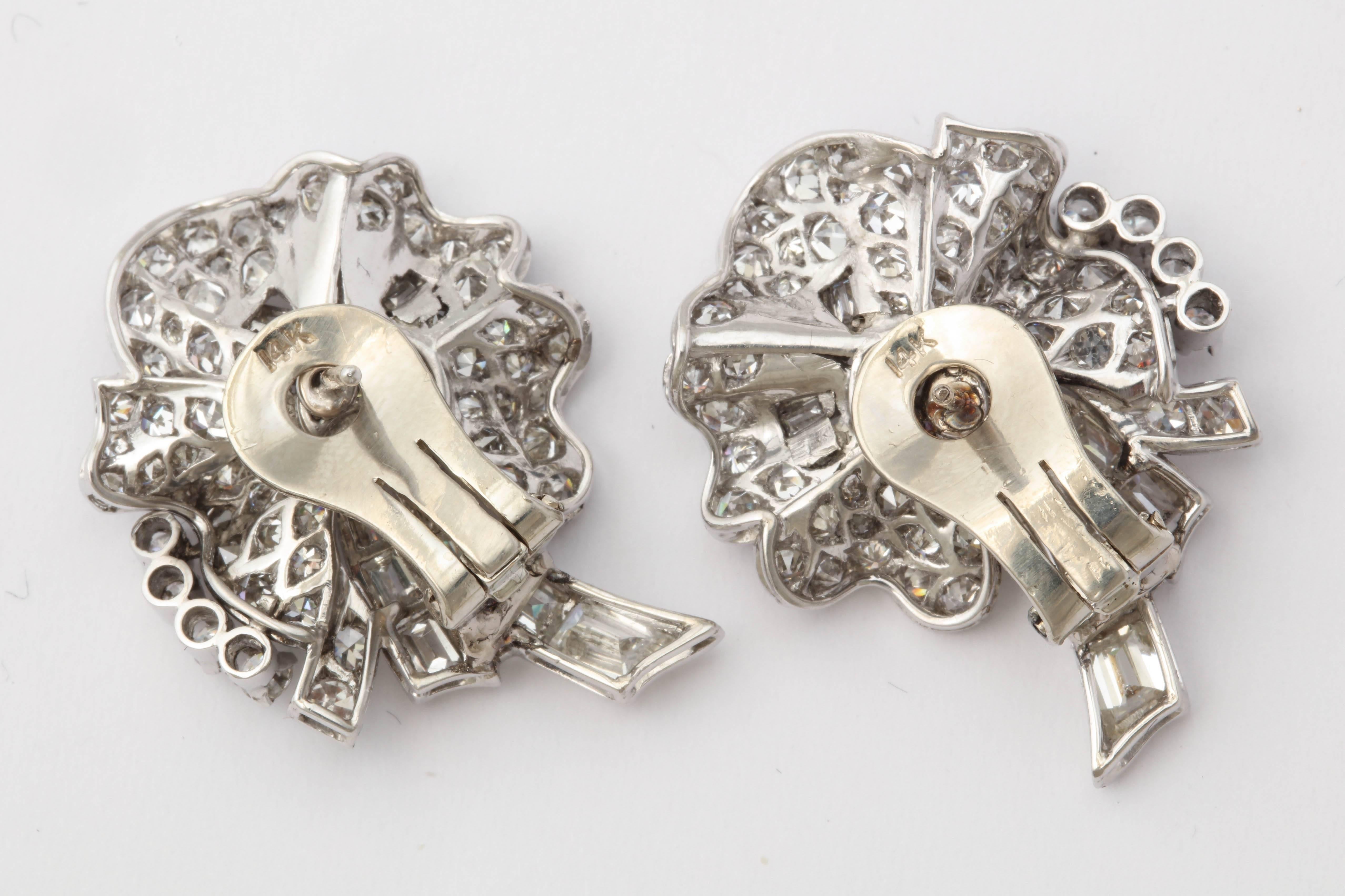 Women's 1950s Elegant Figural Pansy Floral Diamond with Baguettes Platinum Earclips