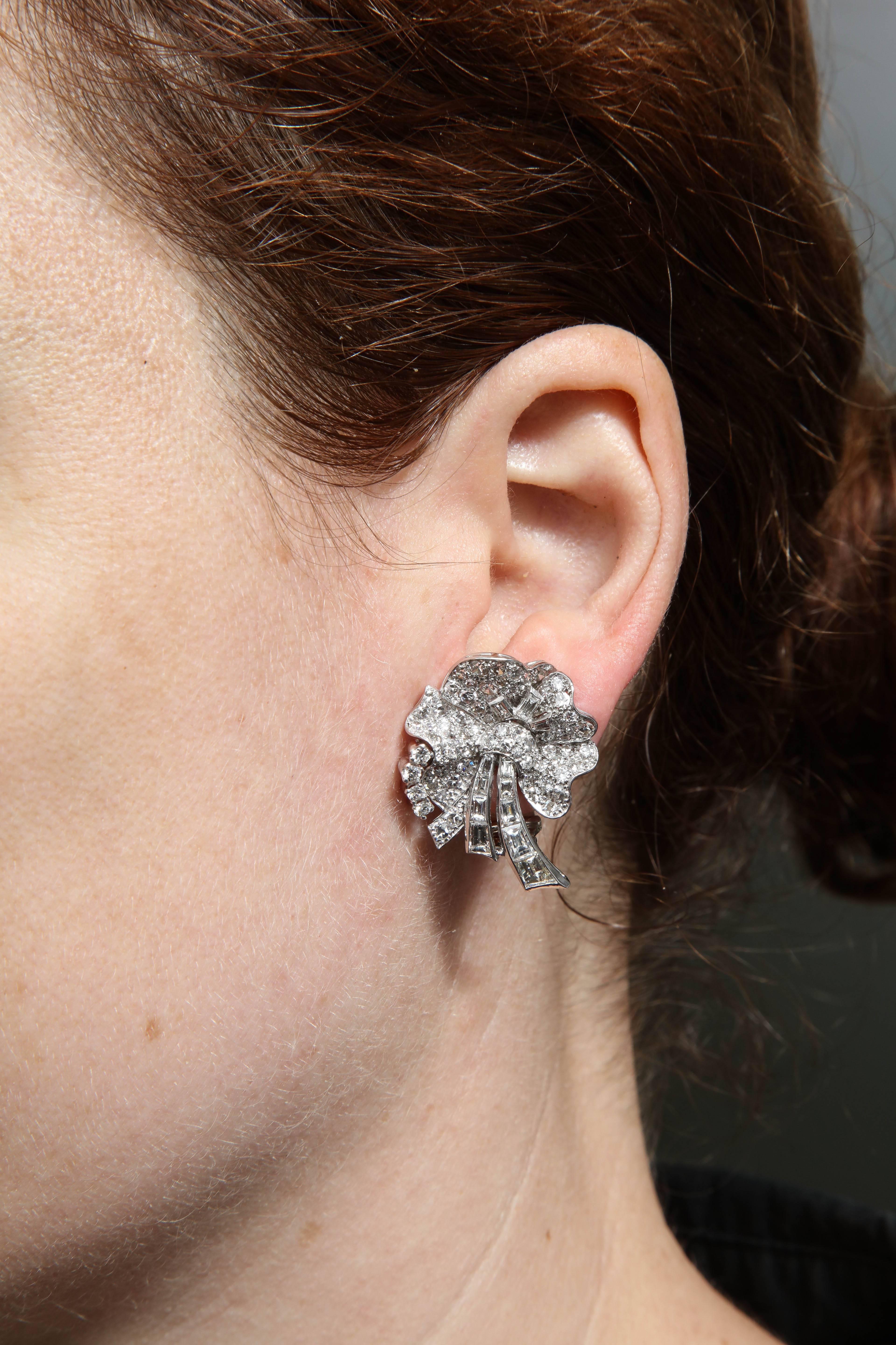 1950s Elegant Figural Pansy Floral Diamond with Baguettes Platinum Earclips 2