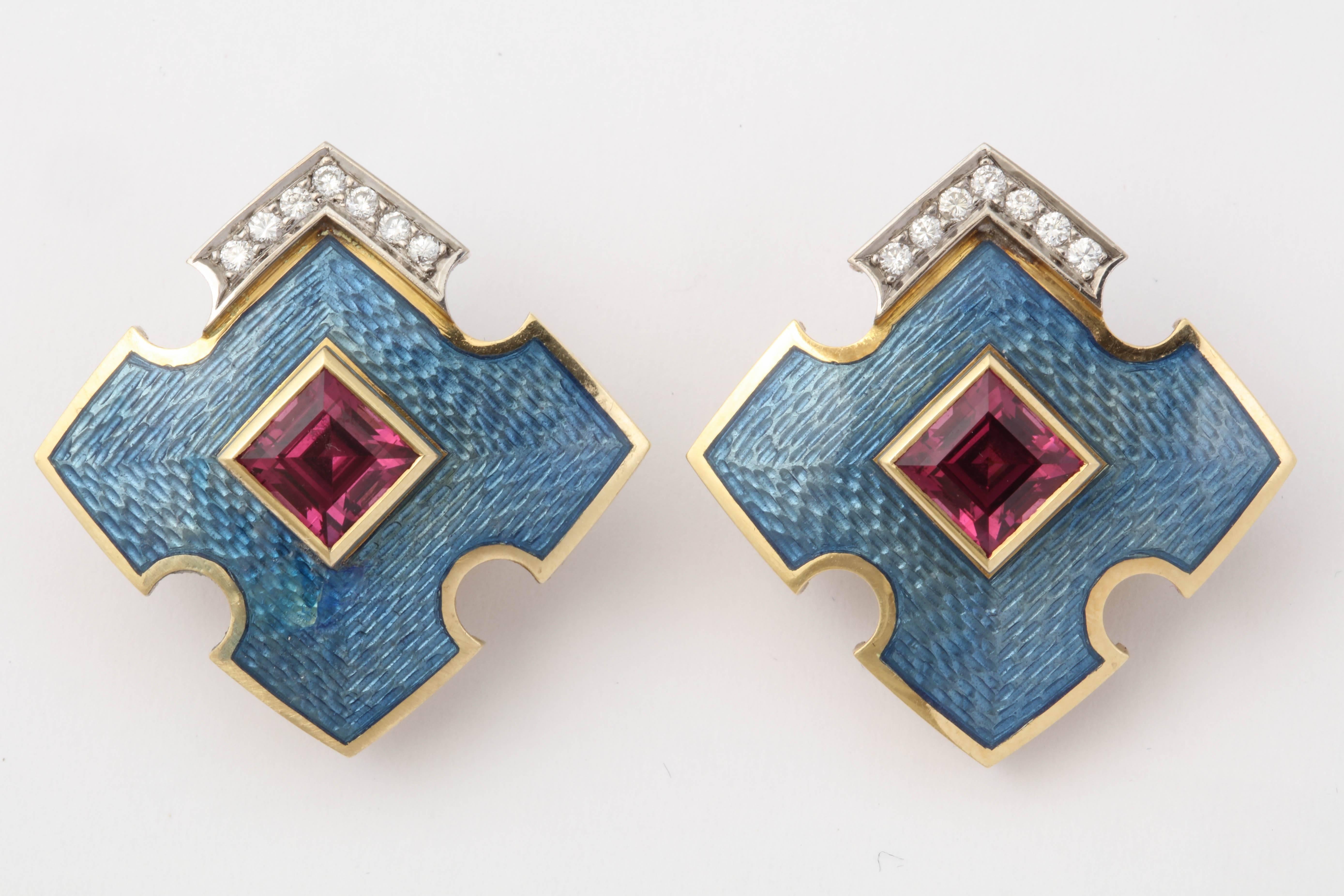 One Pair Of Ladies 18kt Yellow Gold Made In England Earclips Designed With A Beautiful Ocean Blue Aquamarine Color Guilloche Enamel And Further Designed With a French Cut Pink Tourmaline,Aka Rubelite Center Weighing Approximately 1.50 Cts Total