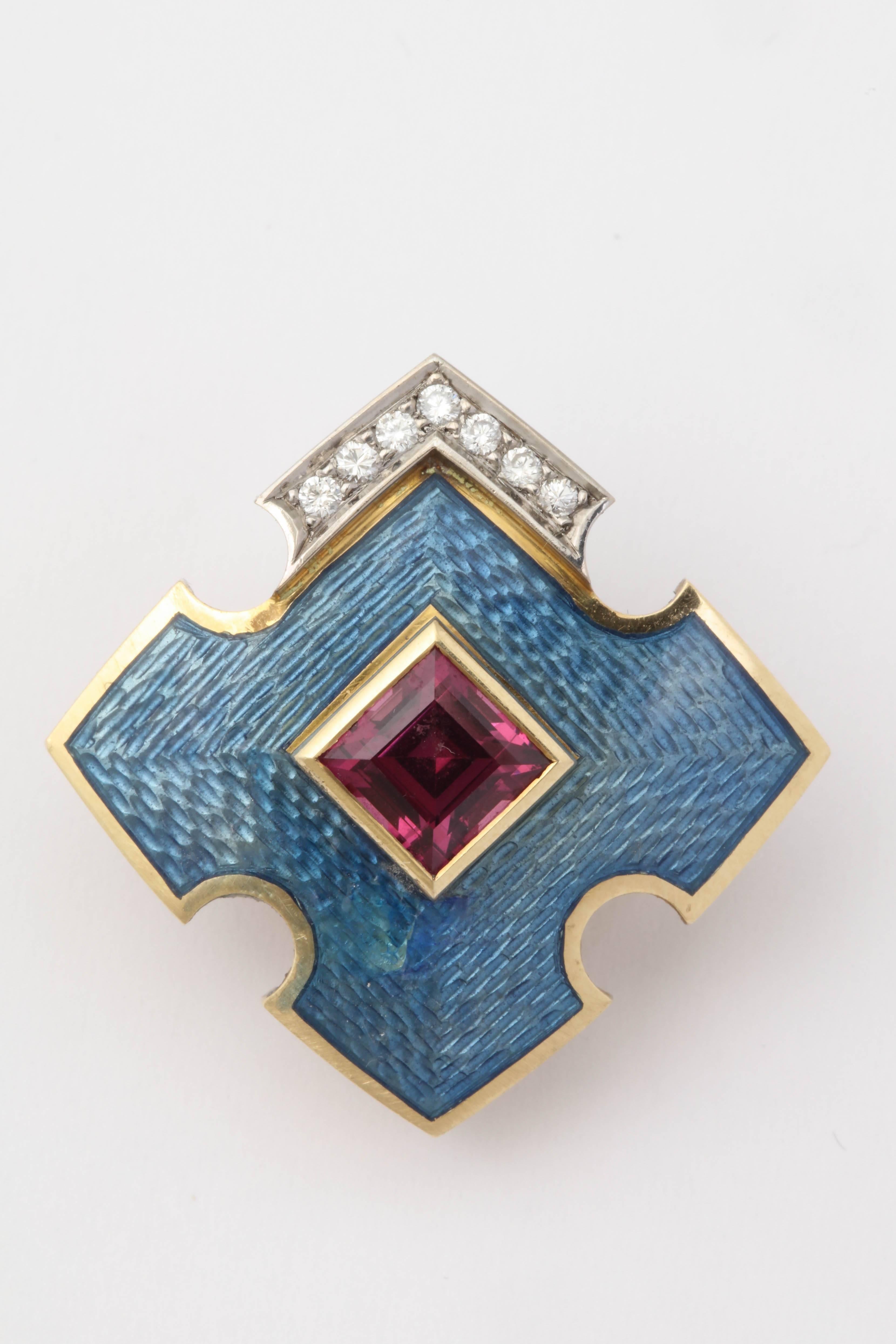 French Cut 1980s English Ocean Sea Blue Guilloche Enamel, Rubelite and Diamond, Earrings