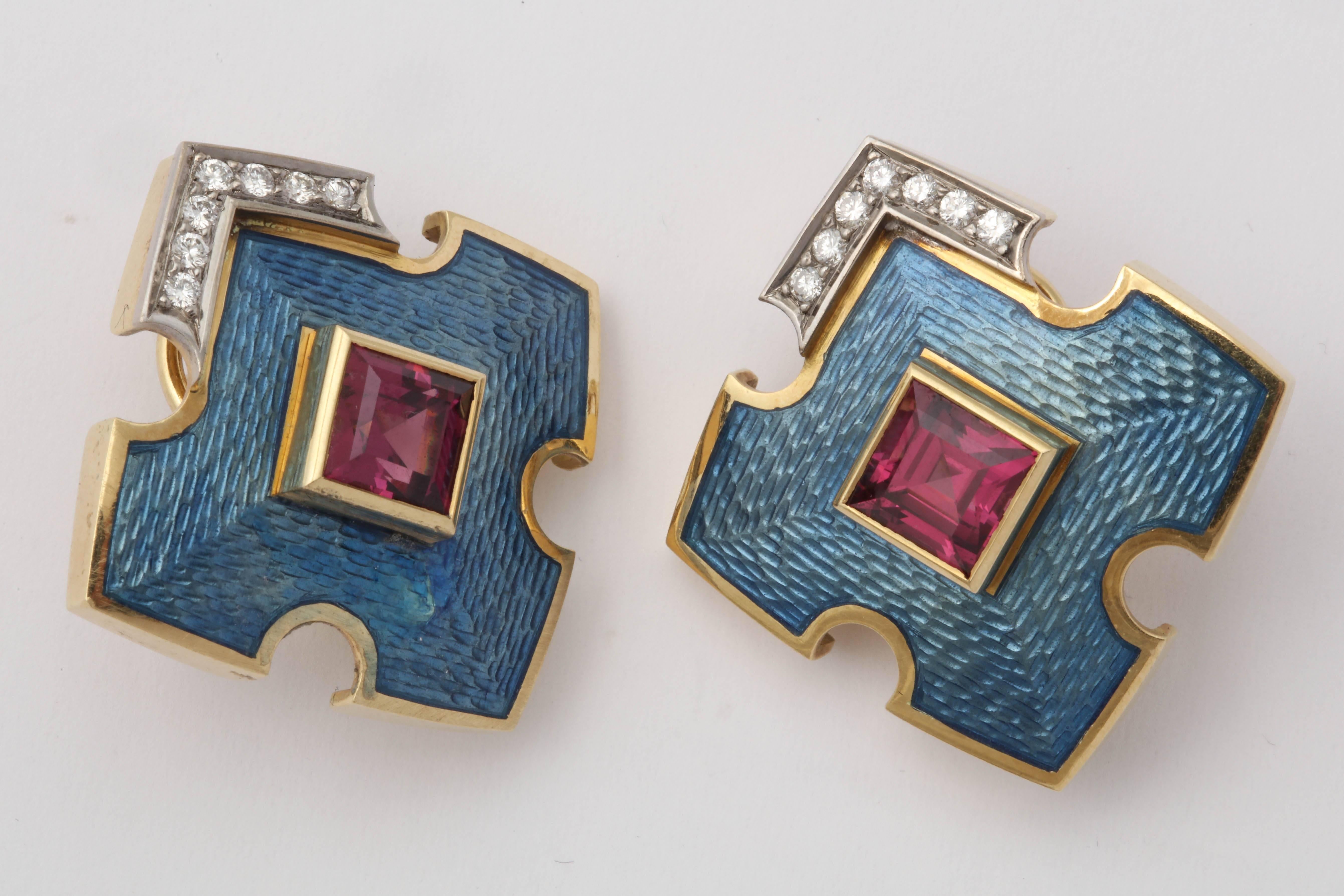 1980s English Ocean Sea Blue Guilloche Enamel, Rubelite and Diamond, Earrings In Excellent Condition In New York, NY