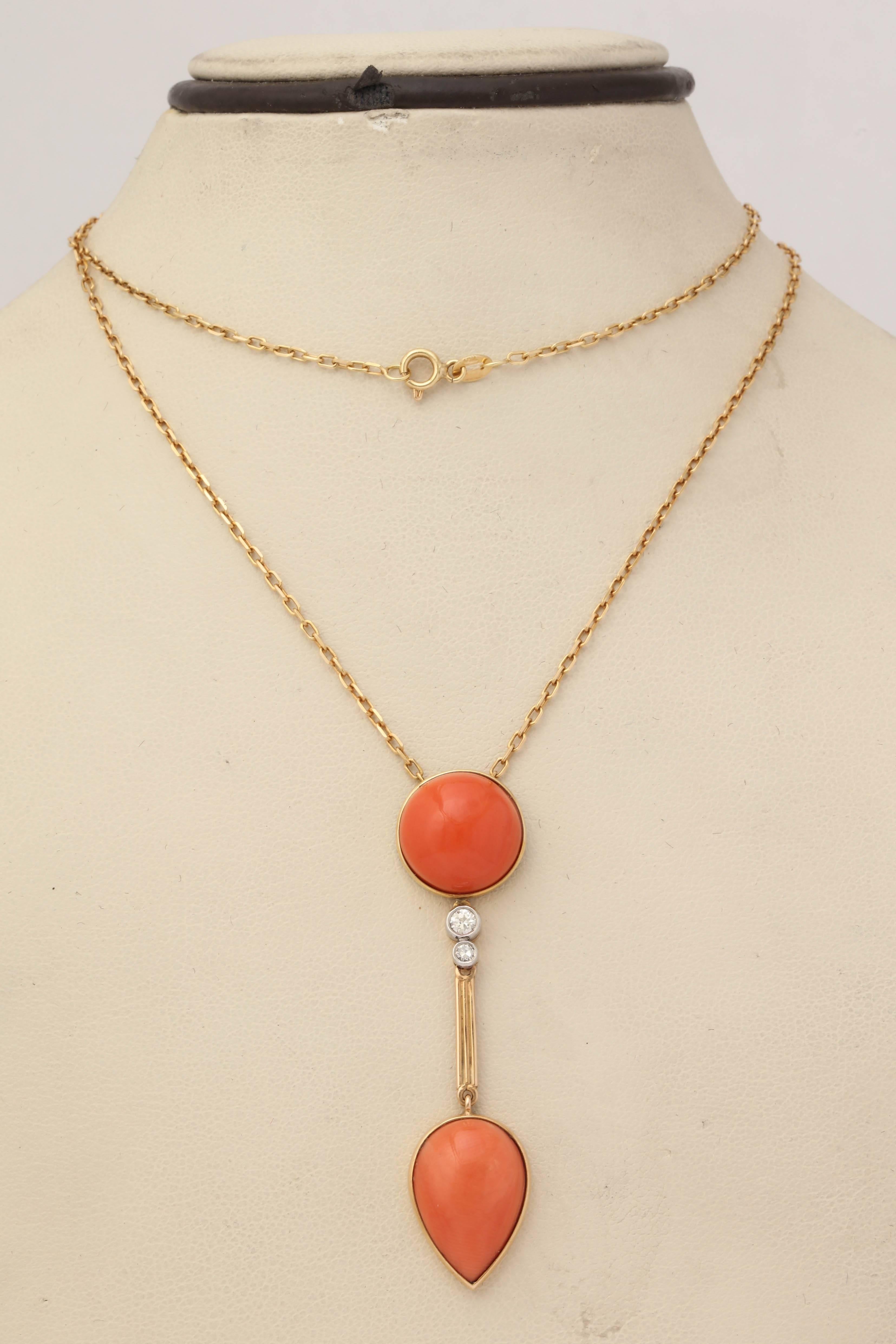 Pear Cut 1960s Cabochon Round and Pear Shaped Coral and Diamond Pendant Drop Necklace