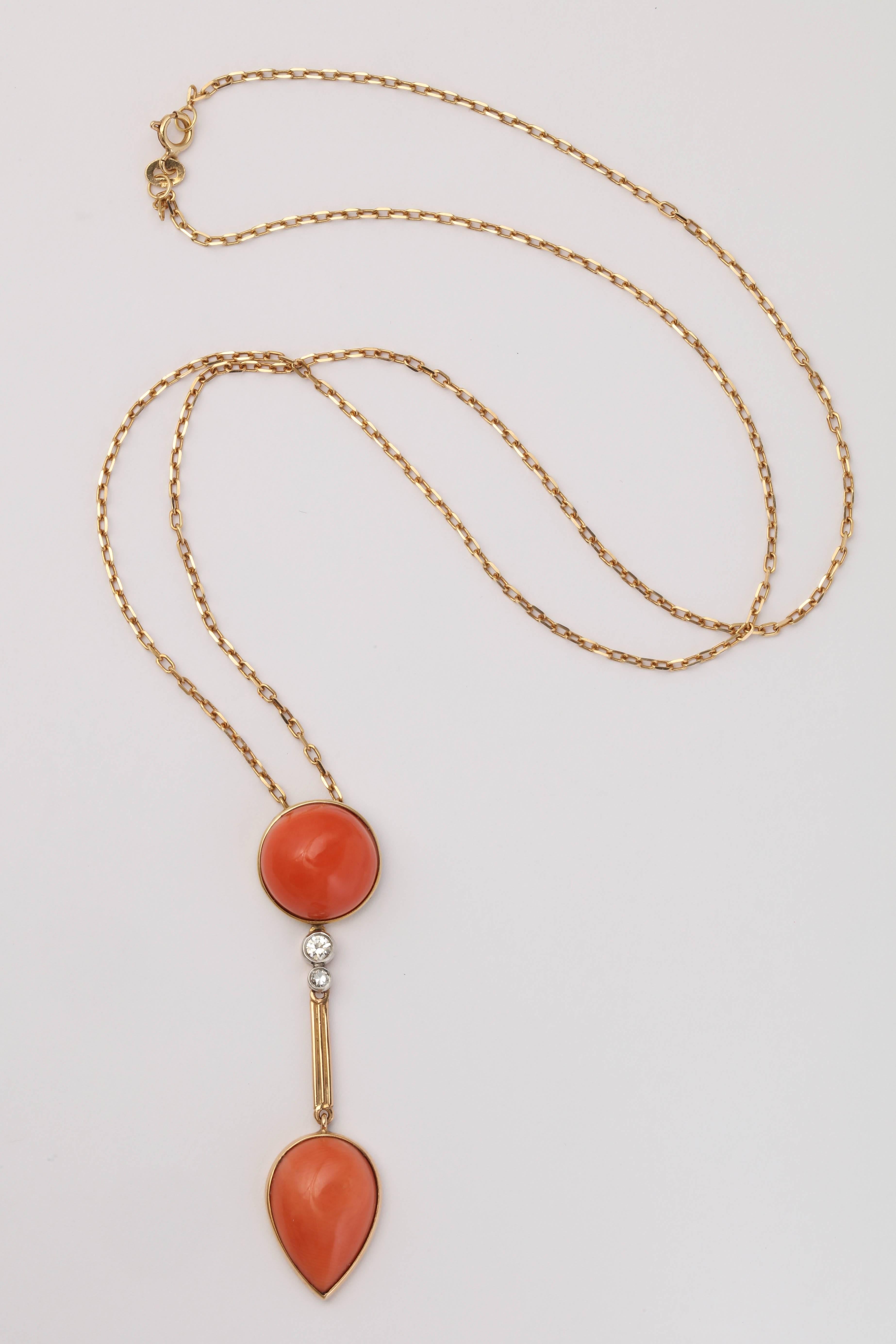 1960s Cabochon Round and Pear Shaped Coral and Diamond Pendant Drop Necklace In Good Condition In New York, NY