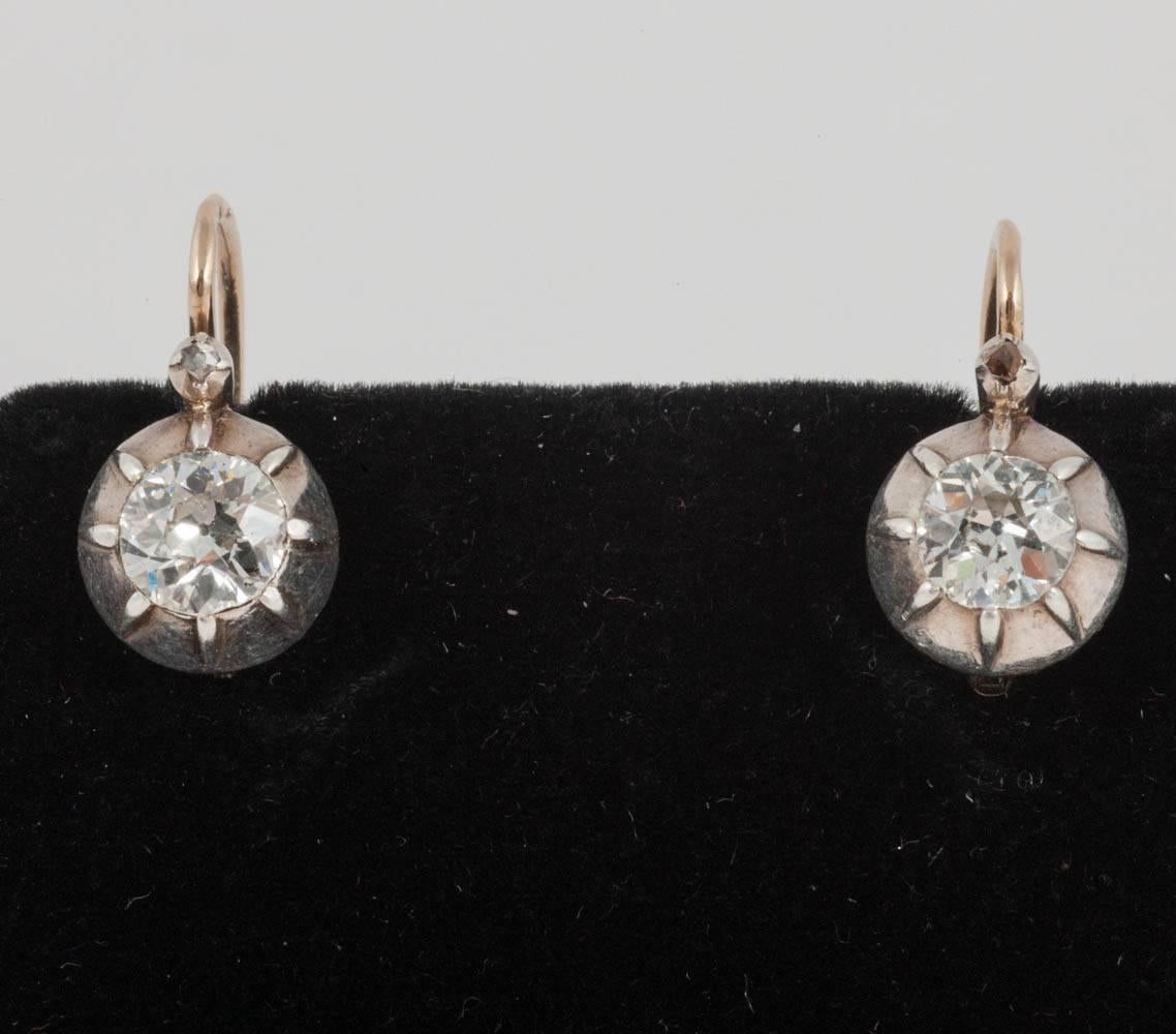 Victorian Old Mine Cut Diamond earrings set in Silver and 15ct Gold. Approx 1.4cts total