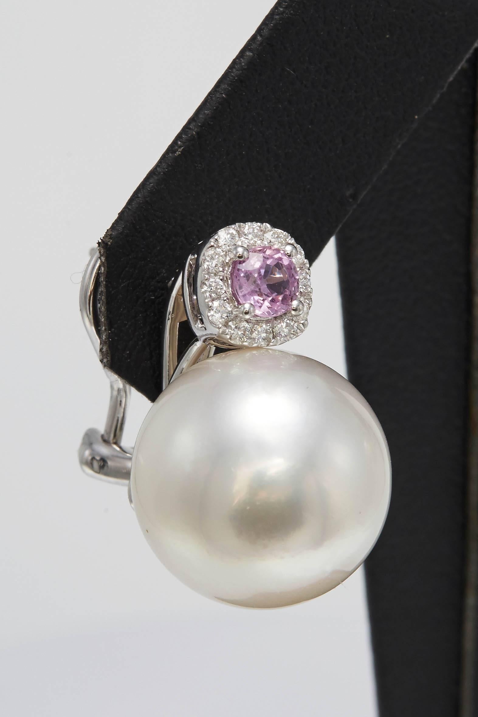 Südseeperle und rosa Saphir und Diamant-Tropfen-Ohrringe (Zeitgenössisch) im Angebot