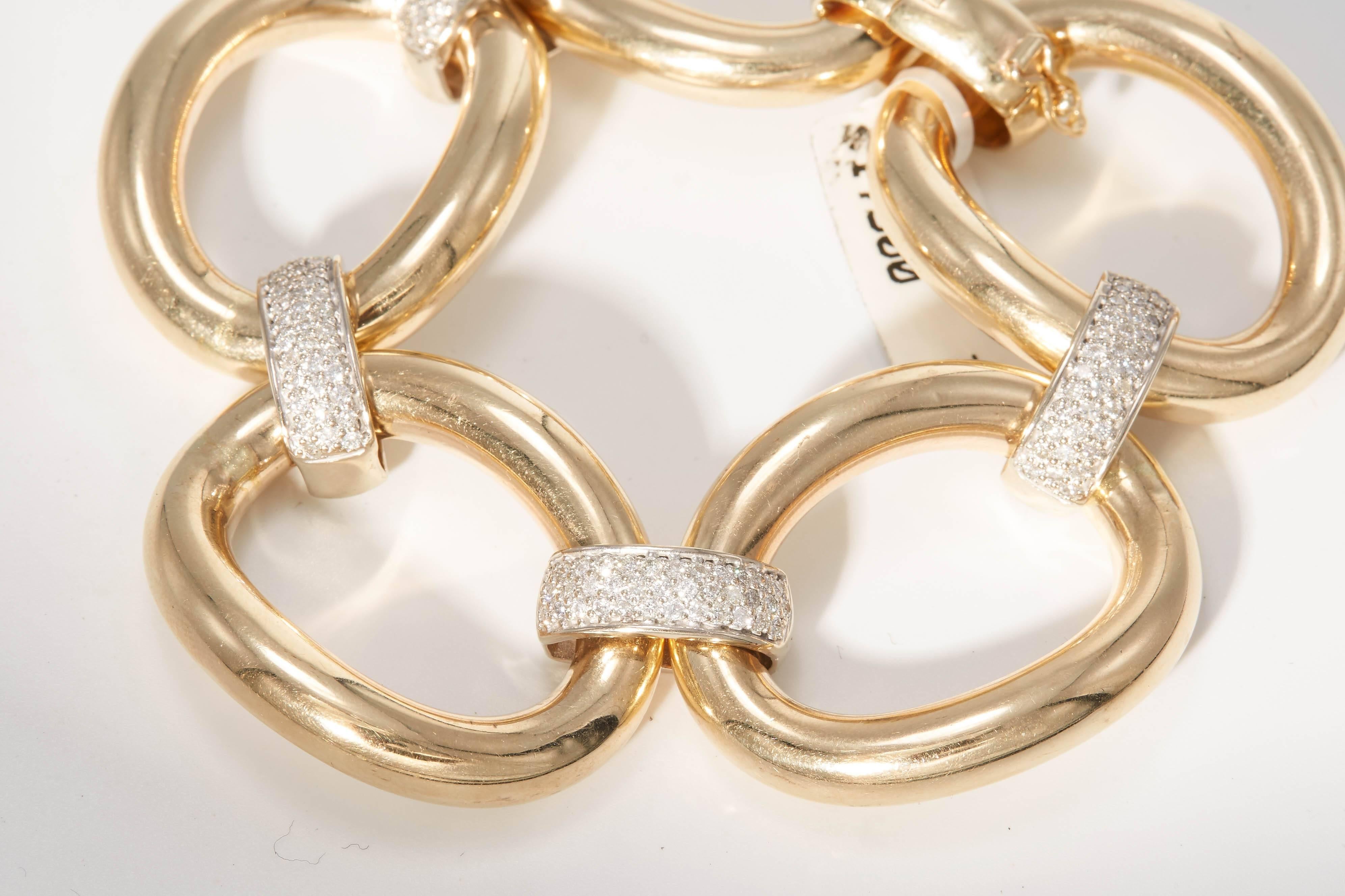 Modern Five Oval Yellow Gold Link with Diamond Bars Bracelet