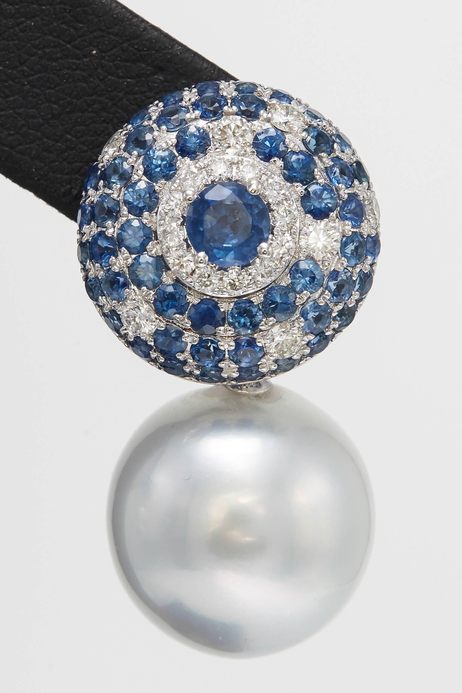 Contemporary South Sea Pearl with Sapphire and Diamond Drop Earrings 5.53 Carats 18K