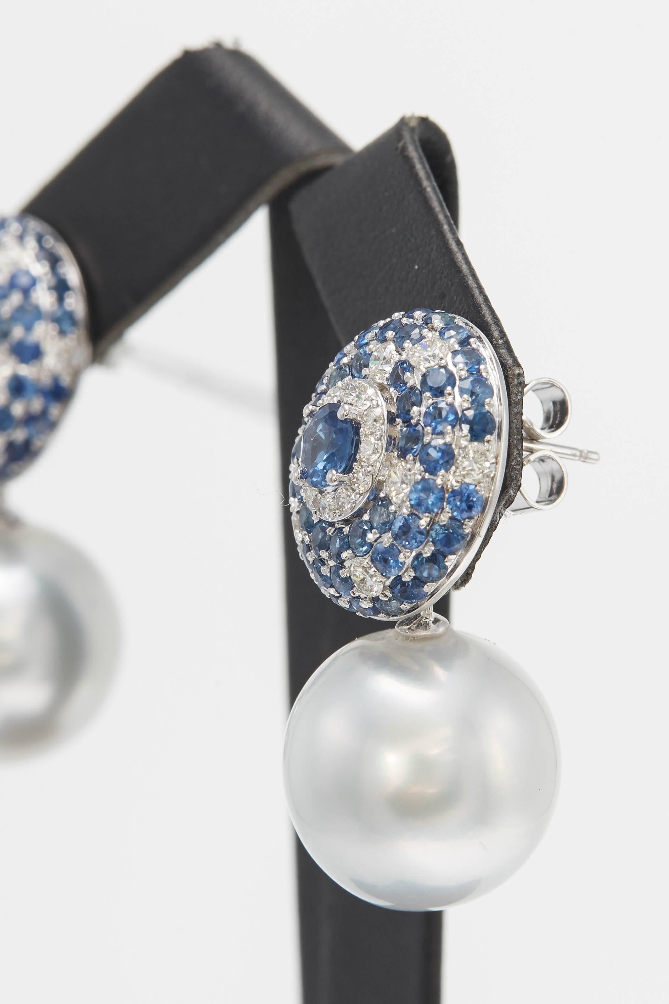 Round Cut South Sea Pearl with Sapphire and Diamond Drop Earrings 5.53 Carats 18K