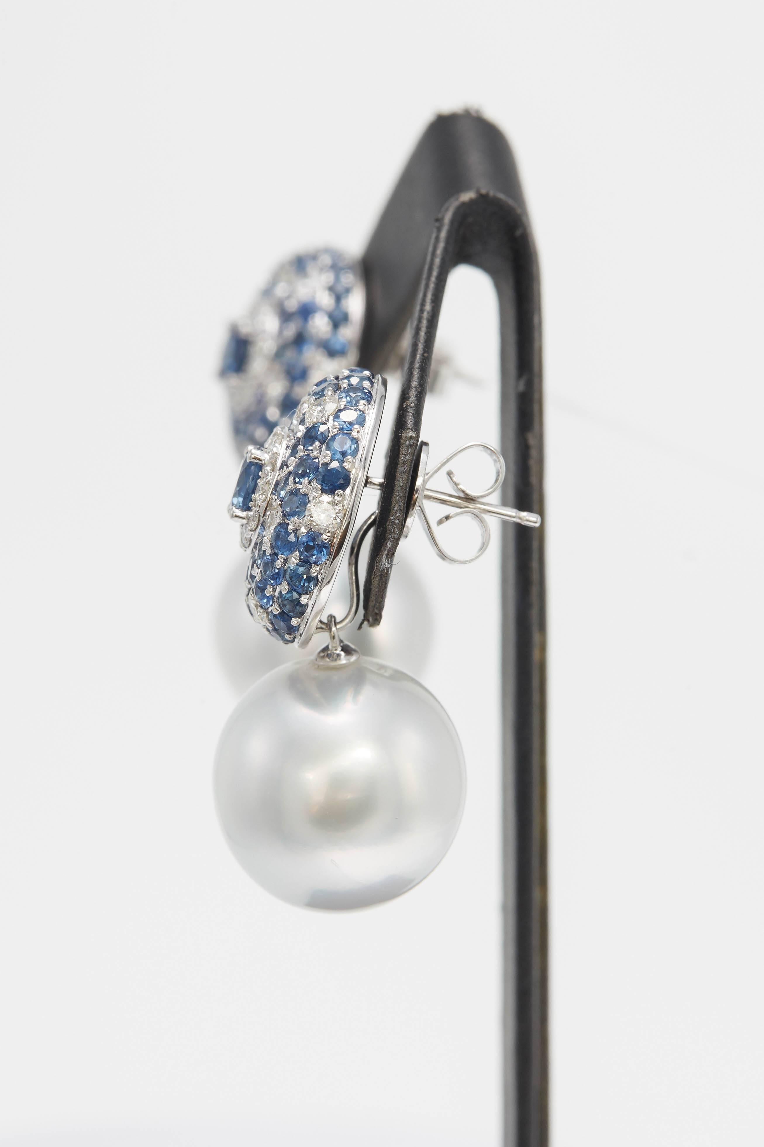 South Sea Pearl with Sapphire and Diamond Drop Earrings 5.53 Carats 18K In New Condition In New York, NY
