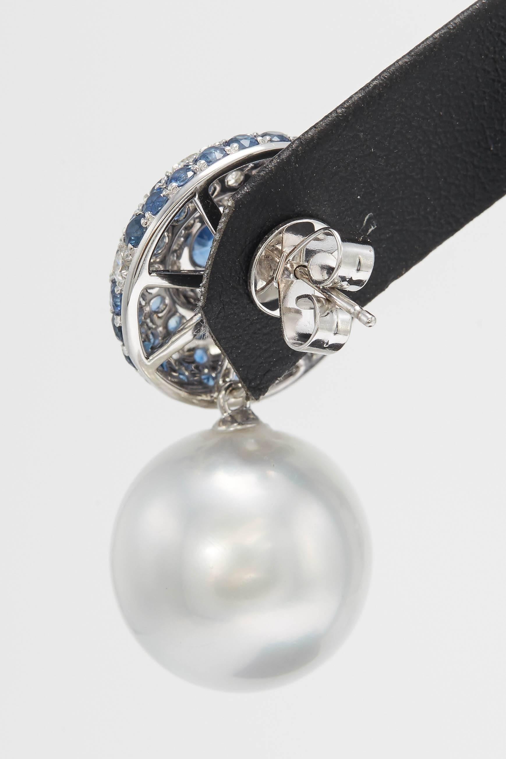 Women's South Sea Pearl with Sapphire and Diamond Drop Earrings 5.53 Carats 18K
