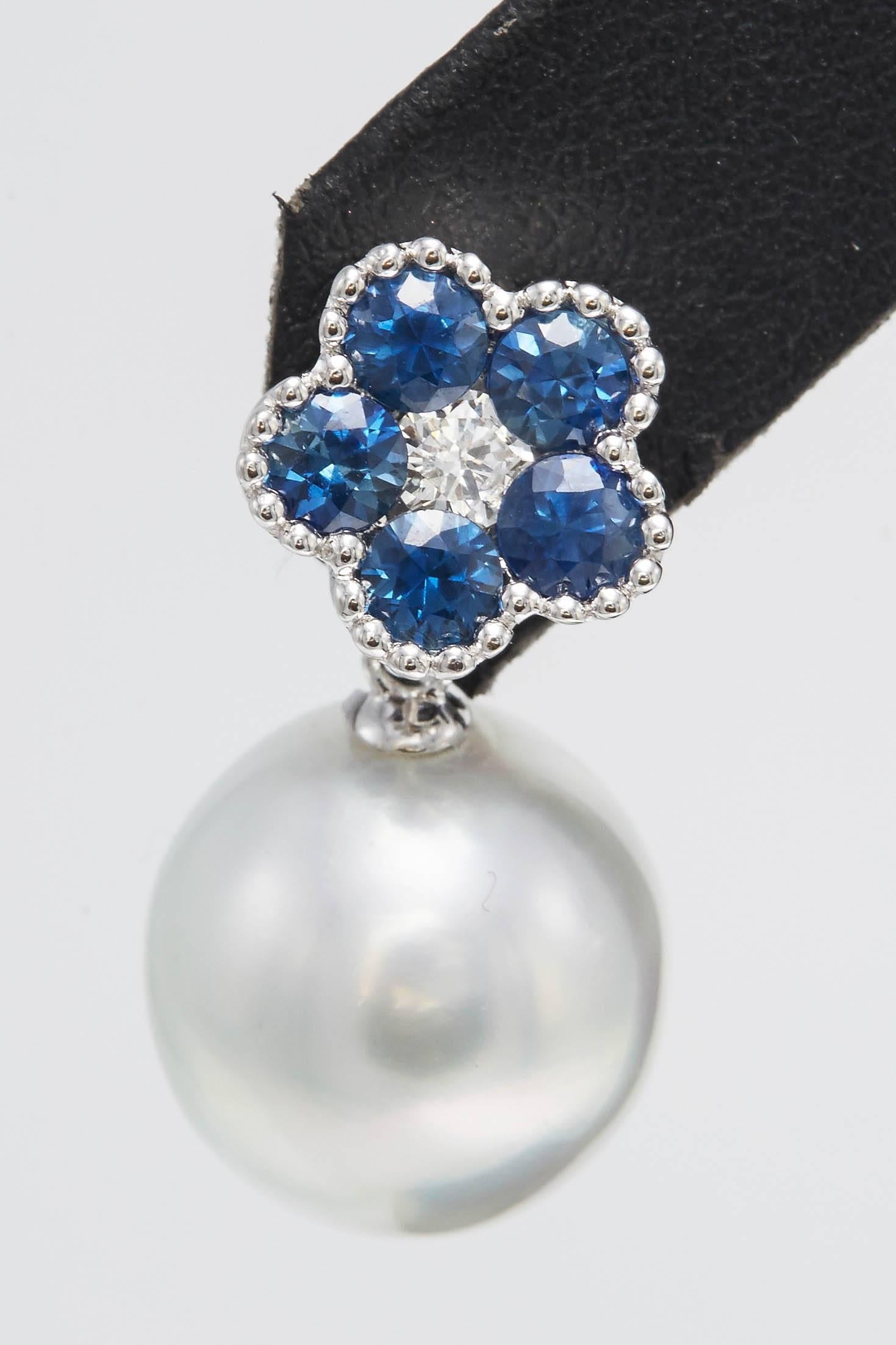 Contemporary Sapphire Flower and Diamond and South Sea Pearl Drop Earrings