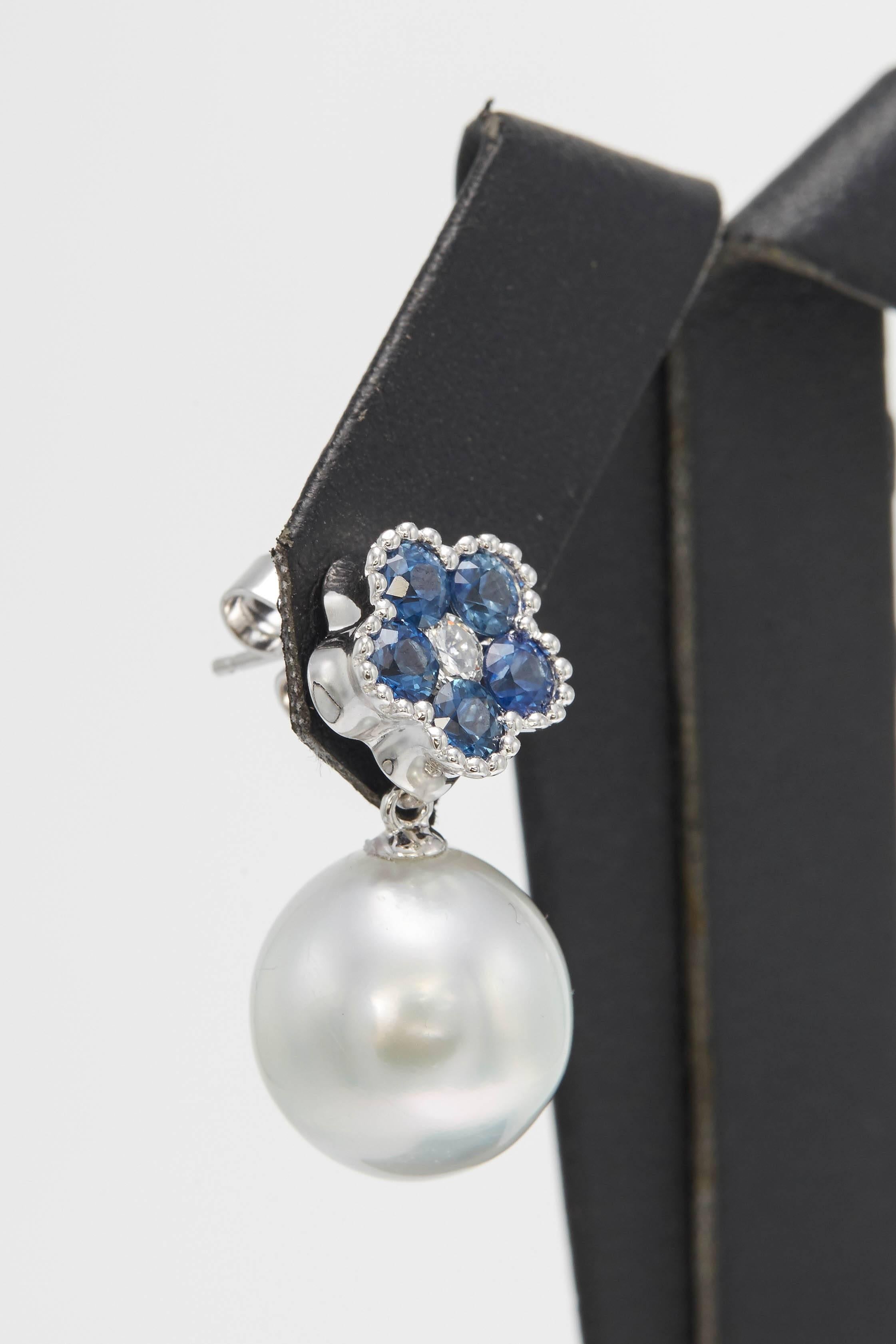 Round Cut Sapphire Flower and Diamond and South Sea Pearl Drop Earrings