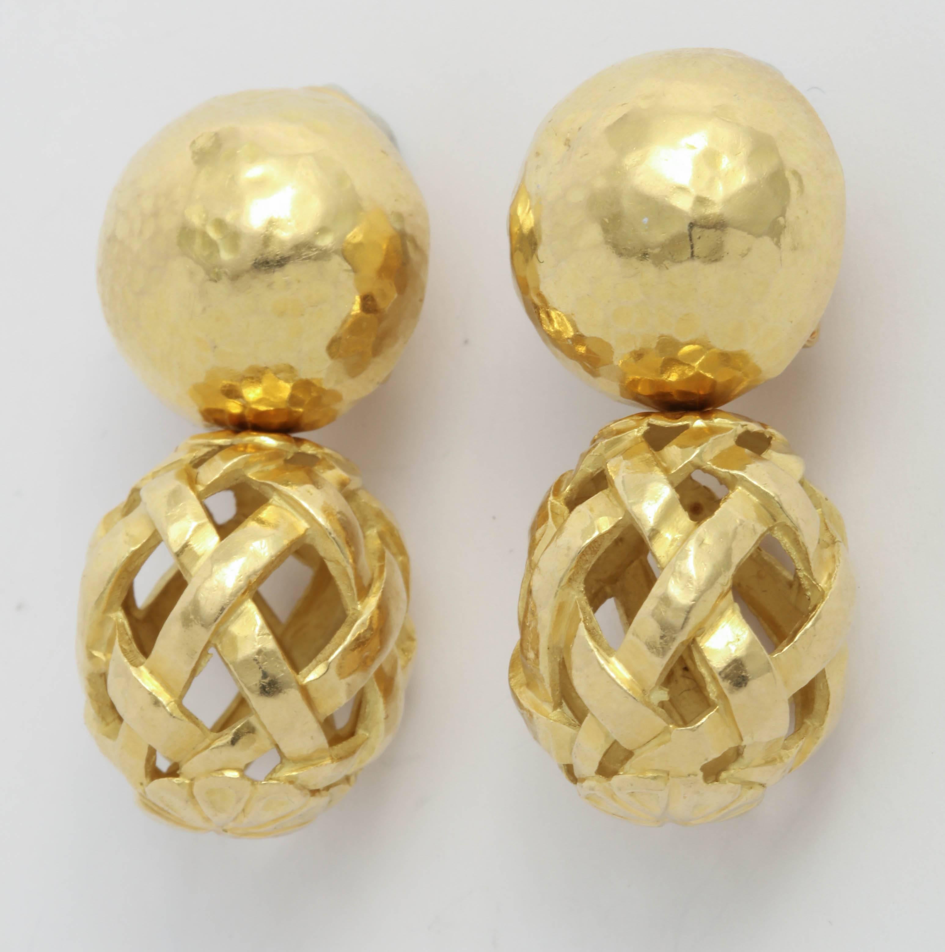 Sumptuous Clip on 18kt Yellow Gold Earrings.  Hand Hammered tops with Basket weave Oval Drop.  Ready for a ball in Venice?