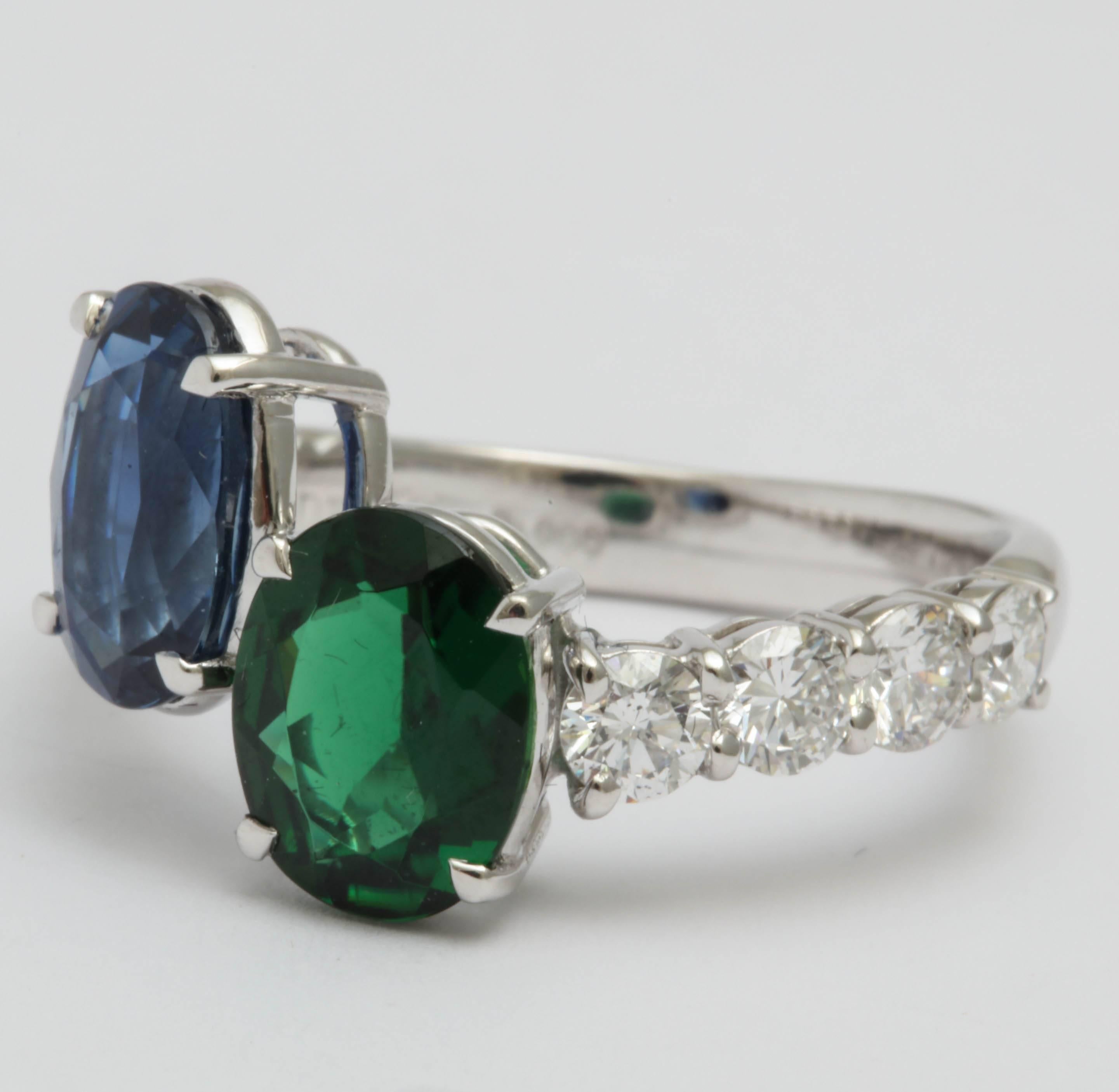 Contemporary Faceted Sapphire and Faceted Green Tourmaline and Diamond Cross Over Ring