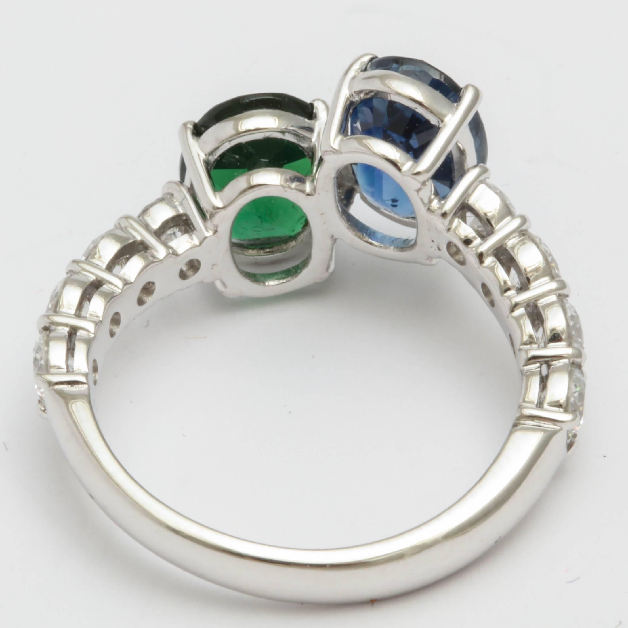 Faceted Sapphire and Faceted Green Tourmaline and Diamond Cross Over Ring In New Condition In New York, NY