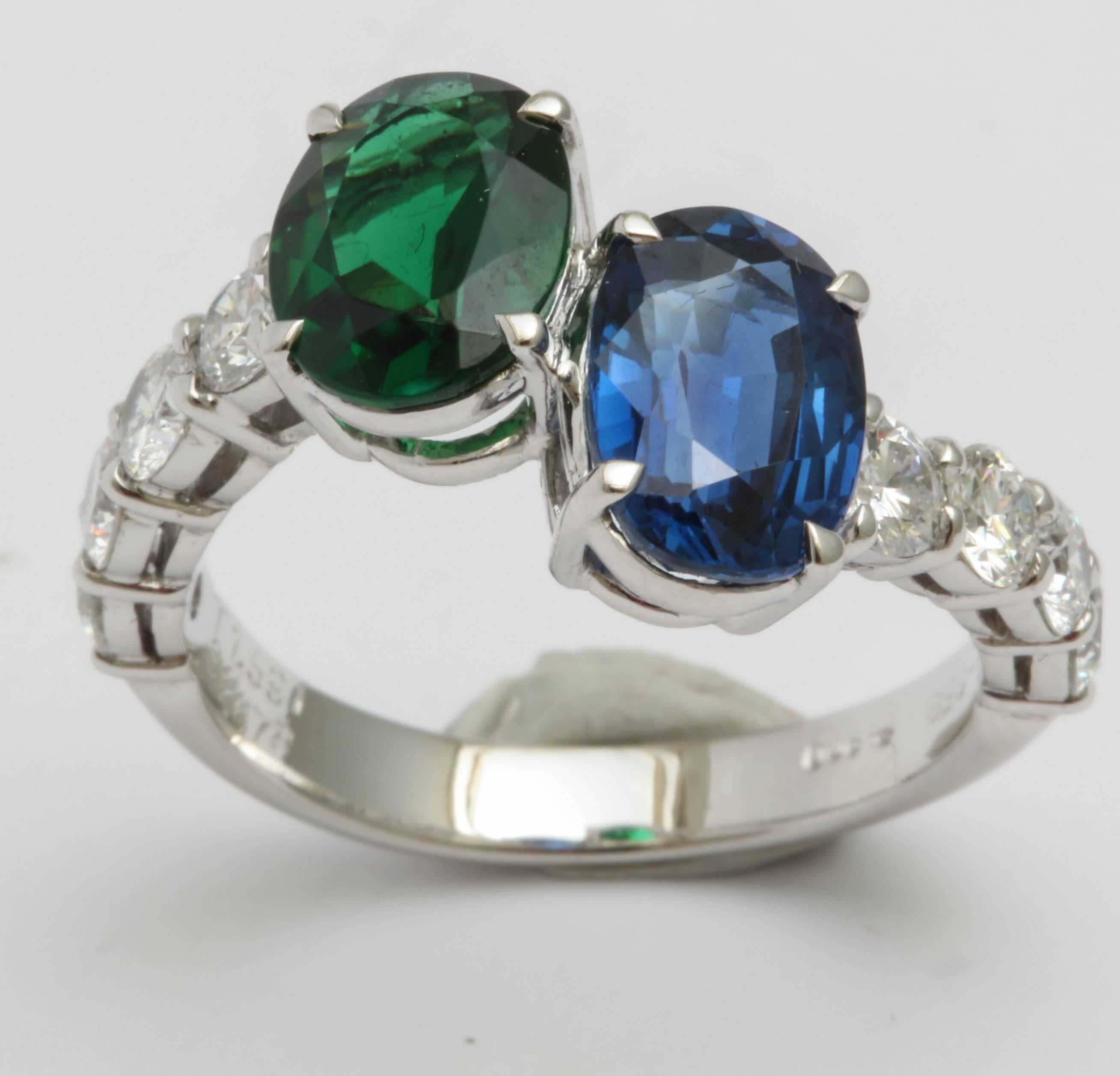 Women's Faceted Sapphire and Faceted Green Tourmaline and Diamond Cross Over Ring