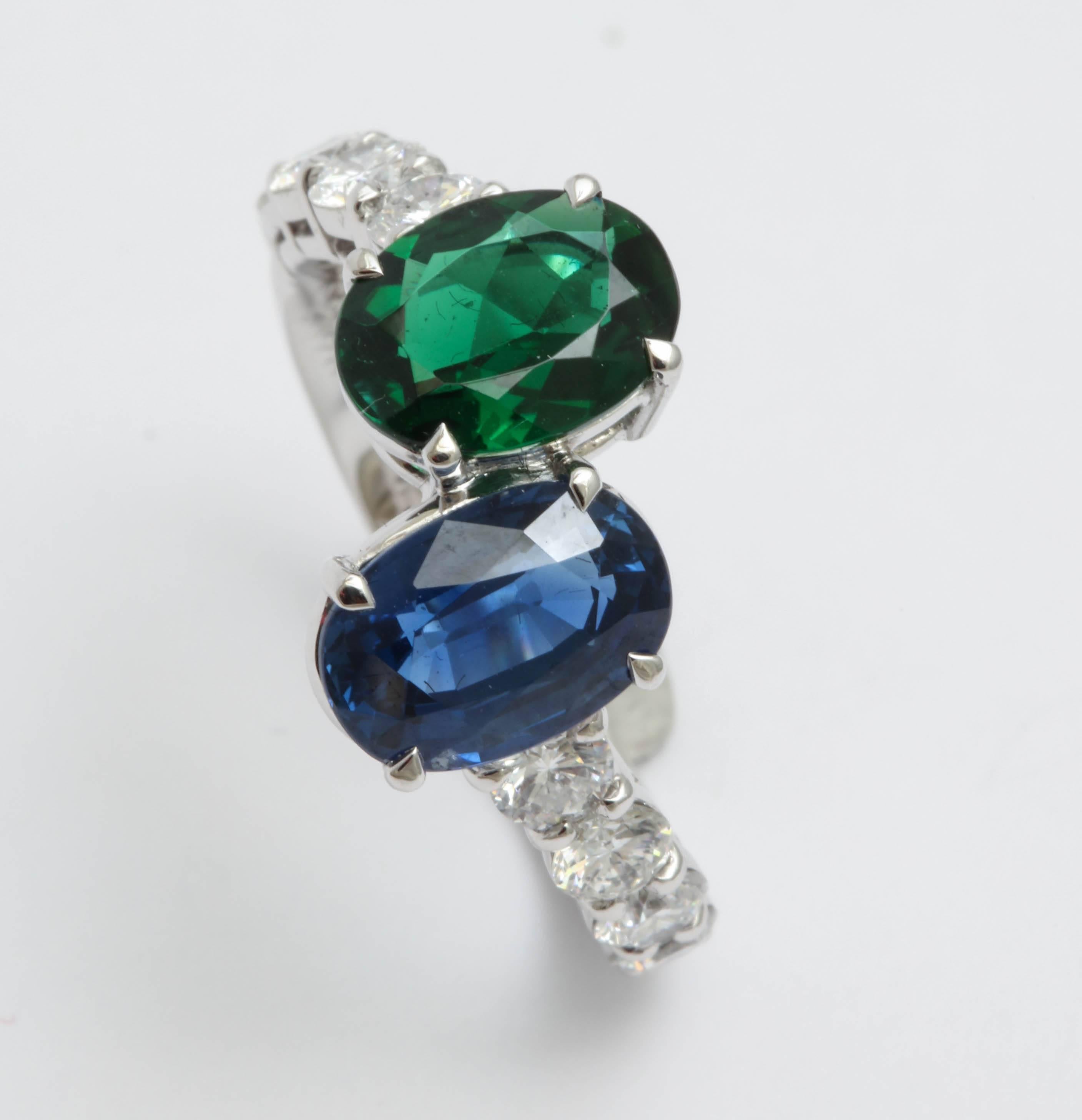 Faceted Sapphire and Faceted Green Tourmaline and Diamond Cross Over Ring 1