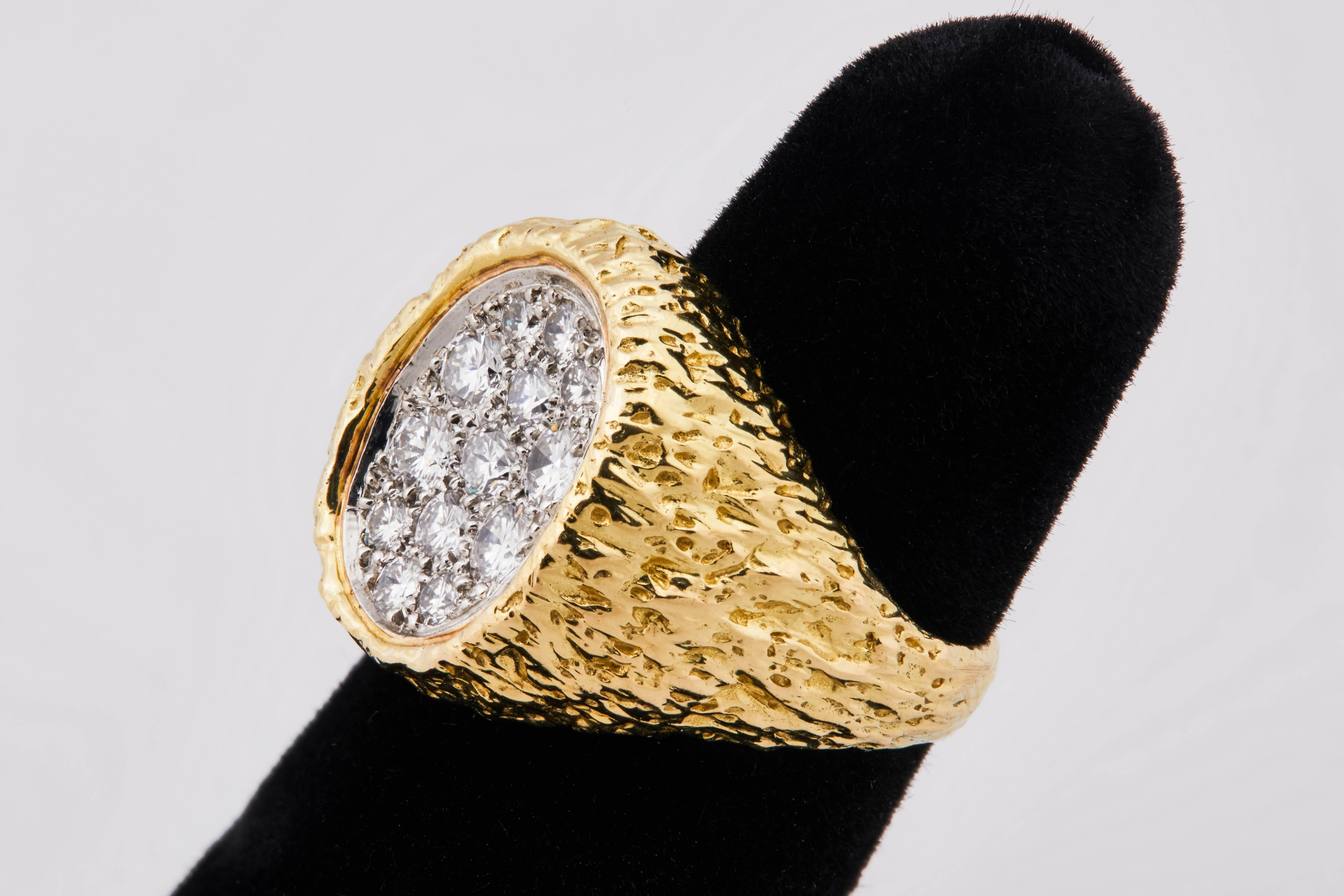 1970s Van Cleef & Arpels 18k Stamped Gold Cocktail Ring set with 12 round brilliant cut diamonds. Size 5. 