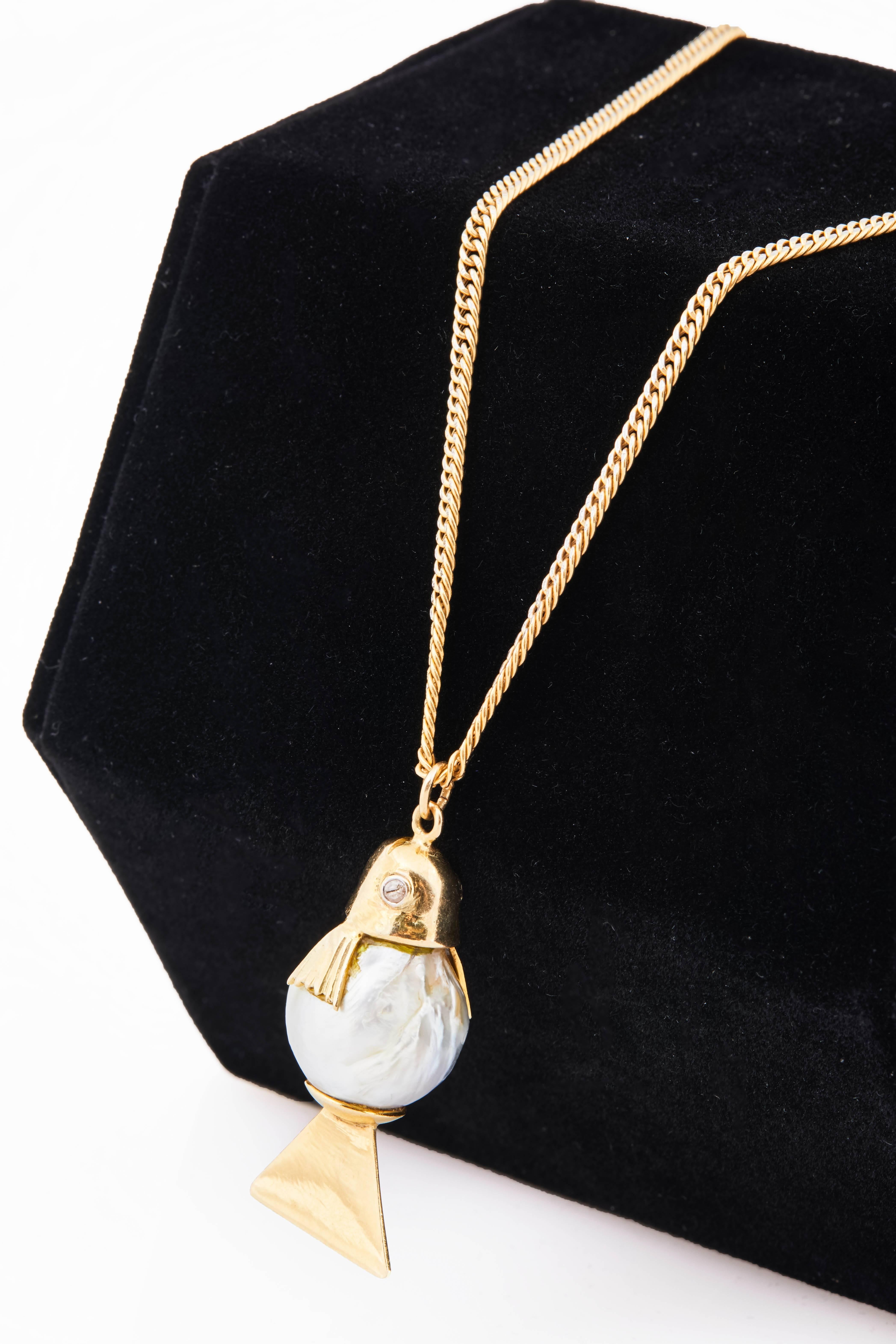 Round Cut Italian Natural Pearl and Diamond Fish Charm on 18k Gold Chain