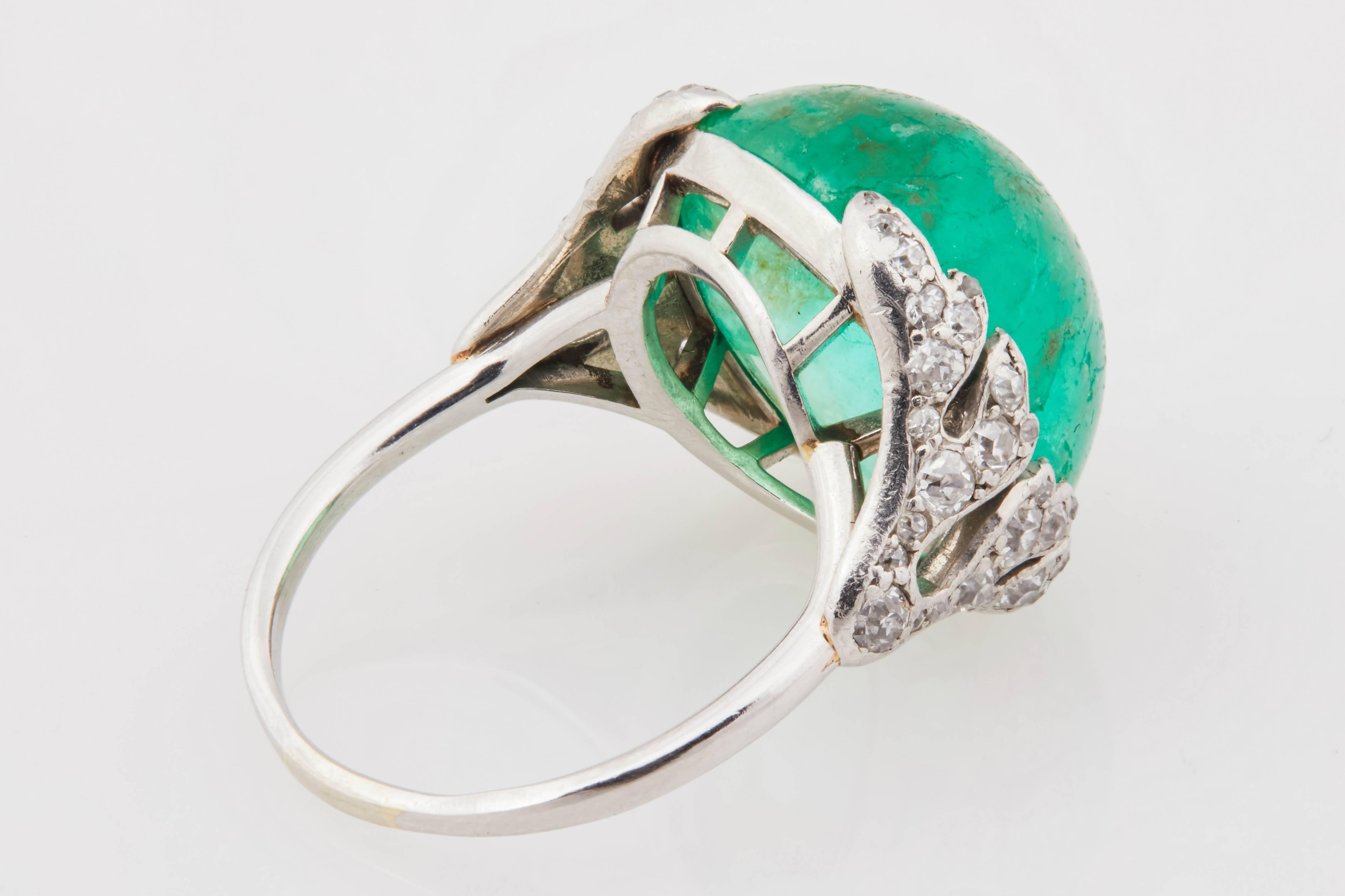 1920s Cabochon Emerald Platinum and Diamond Ring In Good Condition In Chicago, IL
