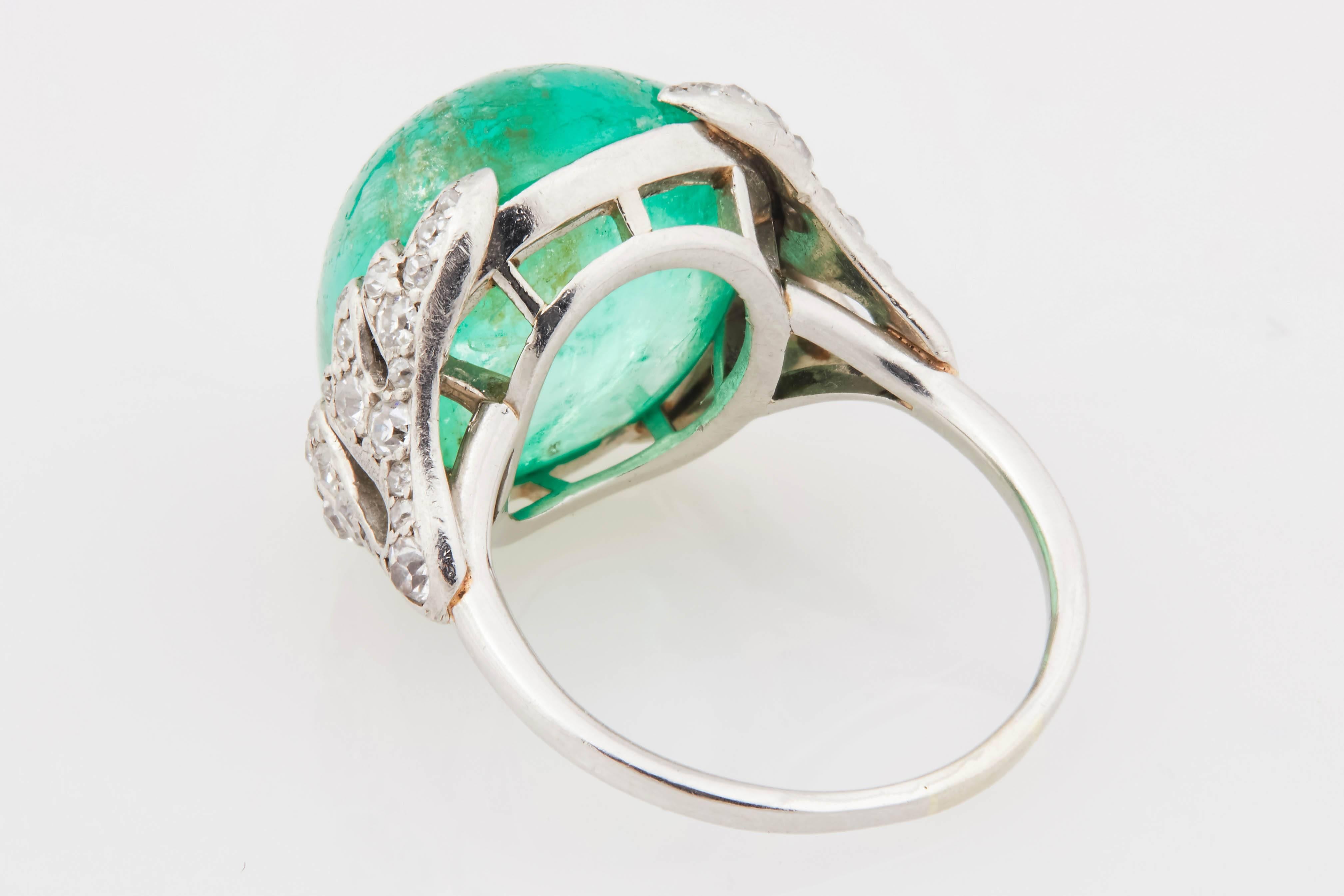Women's 1920s Cabochon Emerald Platinum and Diamond Ring
