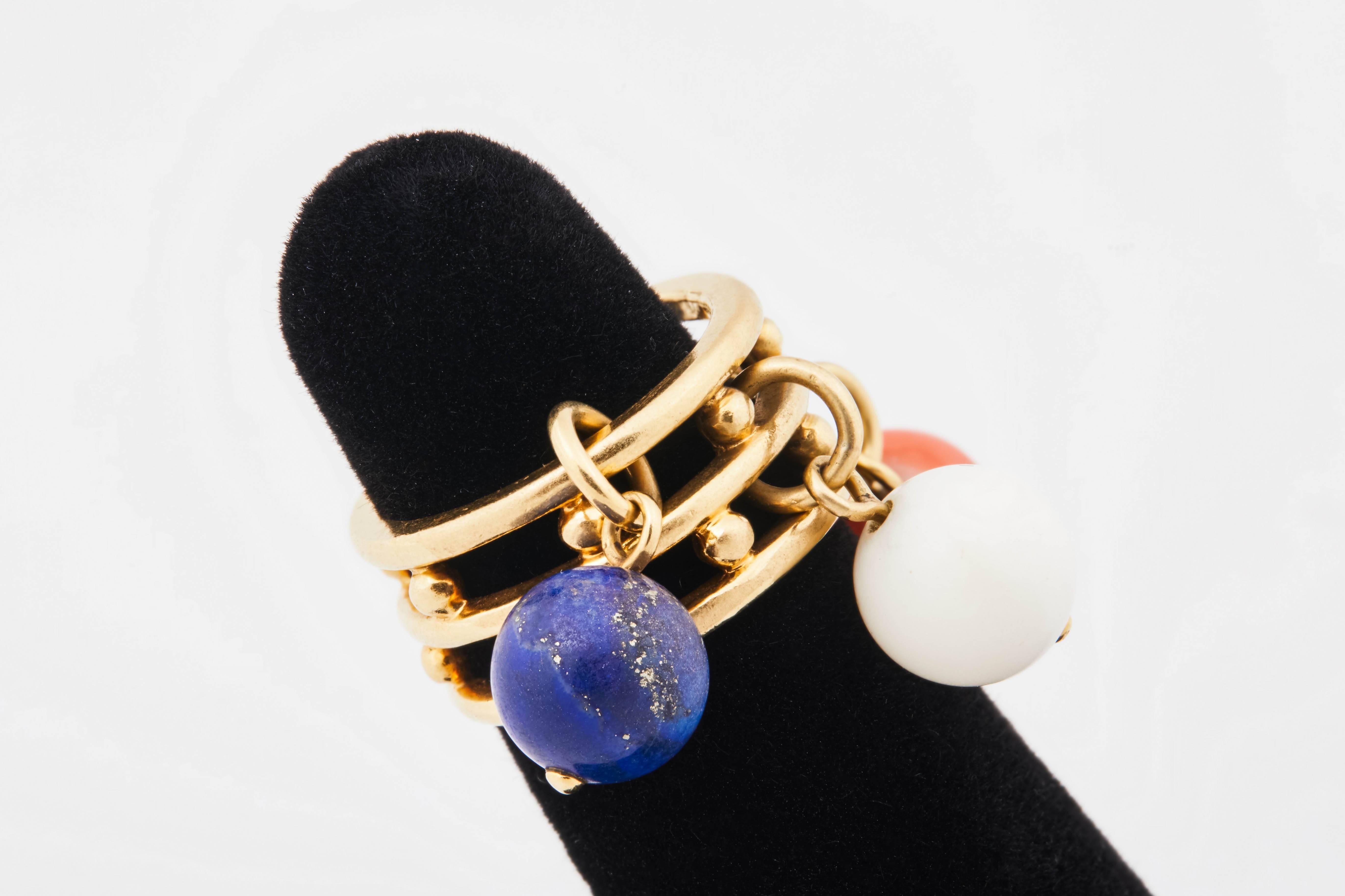 Retro 1970s French 18 Karat Gold Ring with Red and White Coral and Blue Lapis Beads