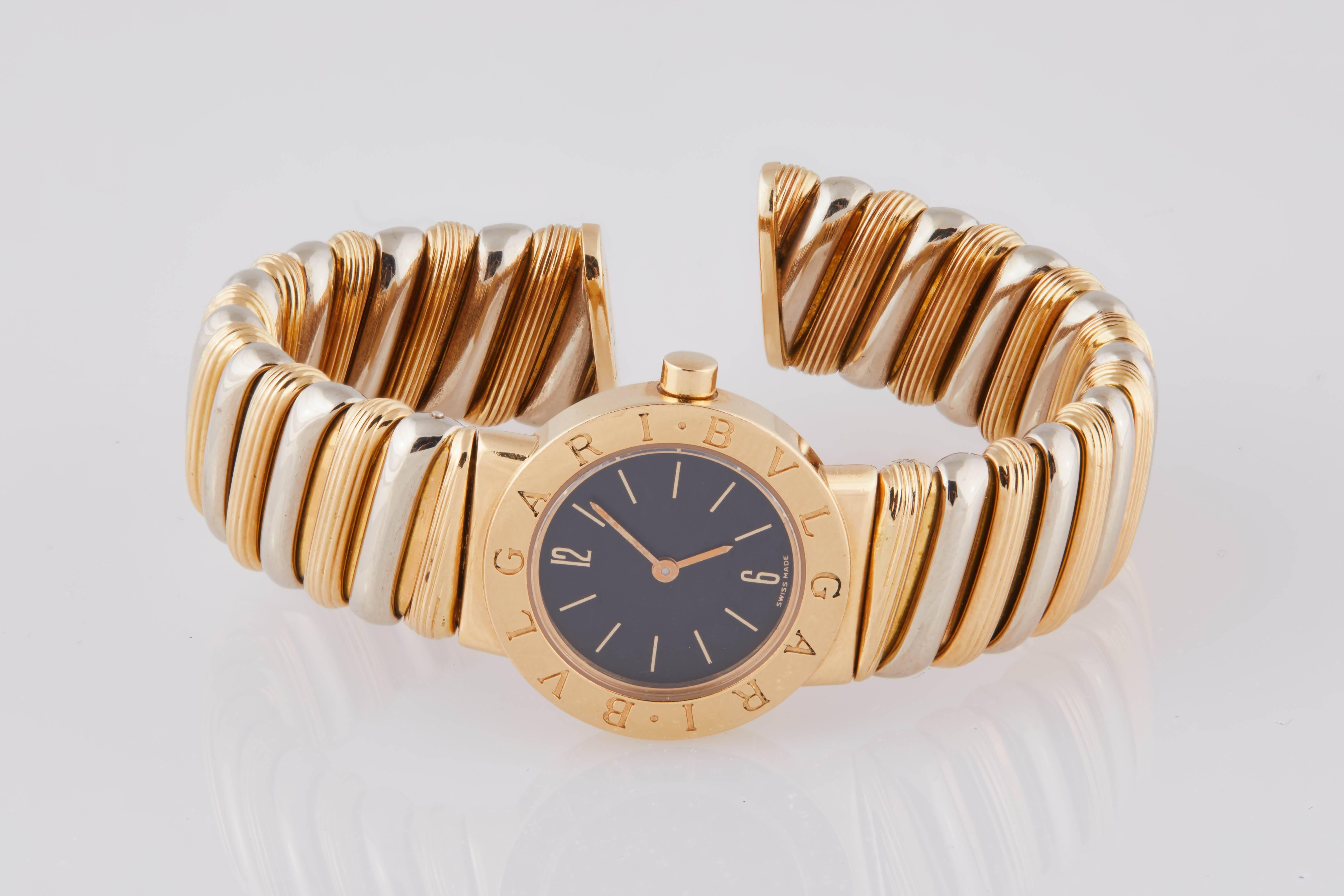 1980s Bulgari Tubogas Women's 18 Karat Gold Cuff Watch with Black Dial 1