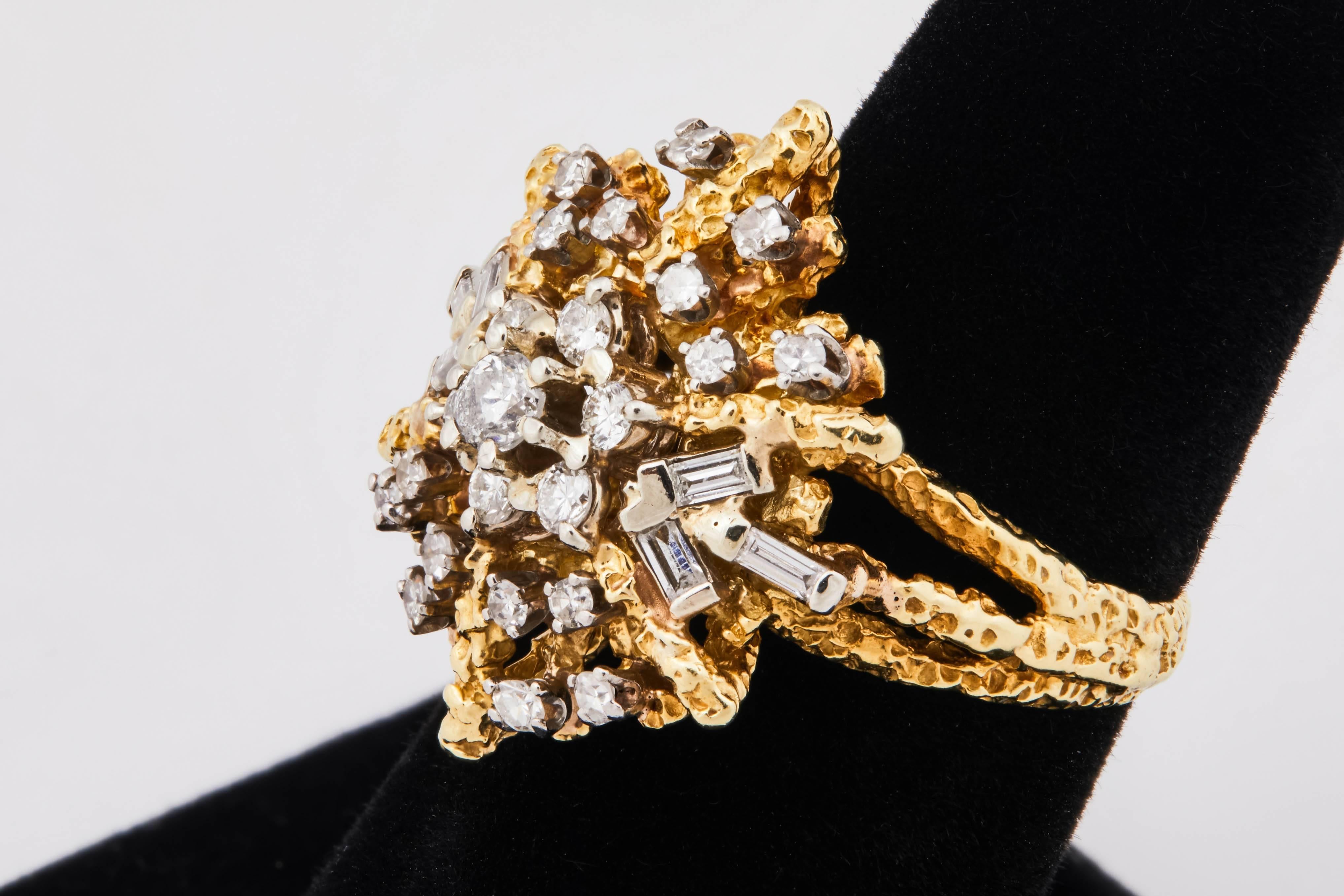 1950s French gold and diamond starburst cocktail ring. Size 8. 