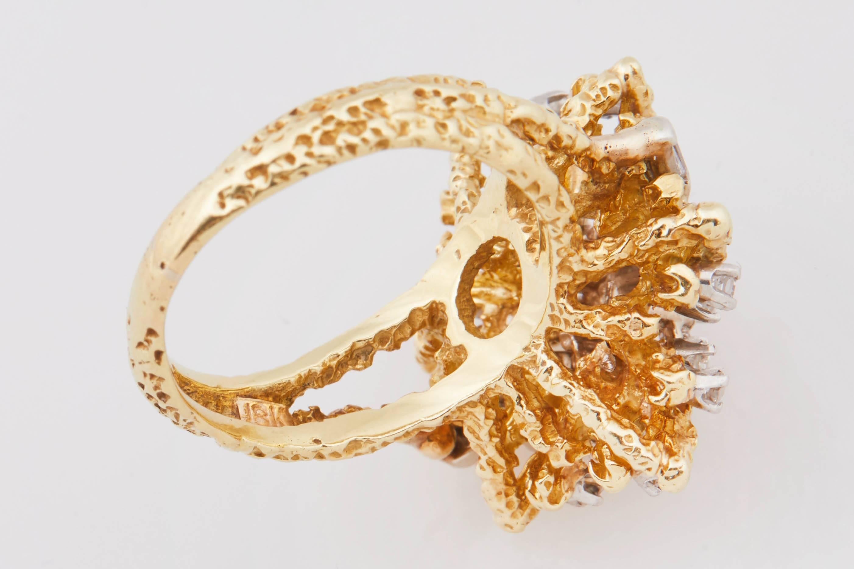 Women's 1950s French 18k Gold and Diamond Starburst Cocktail Ring