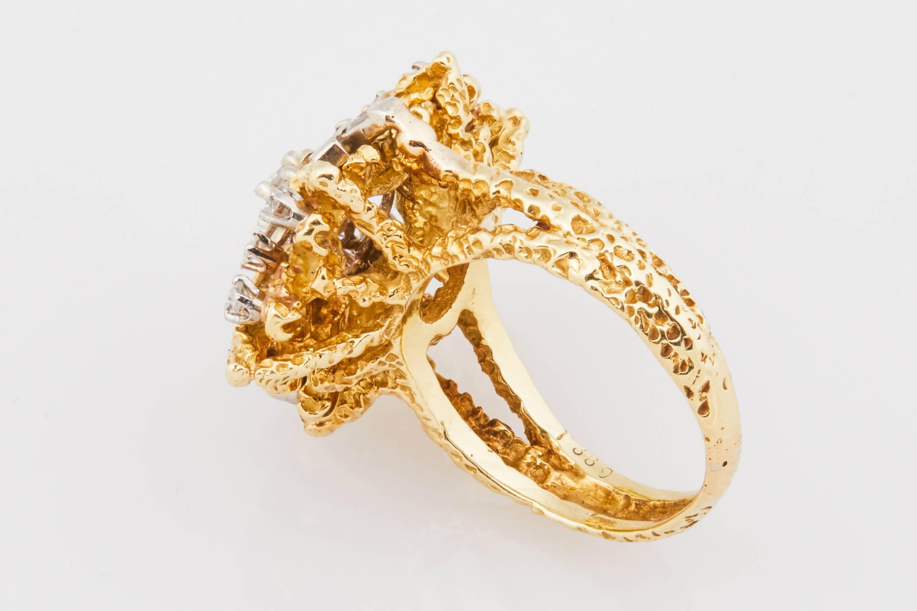 1950s French 18k Gold and Diamond Starburst Cocktail Ring 1