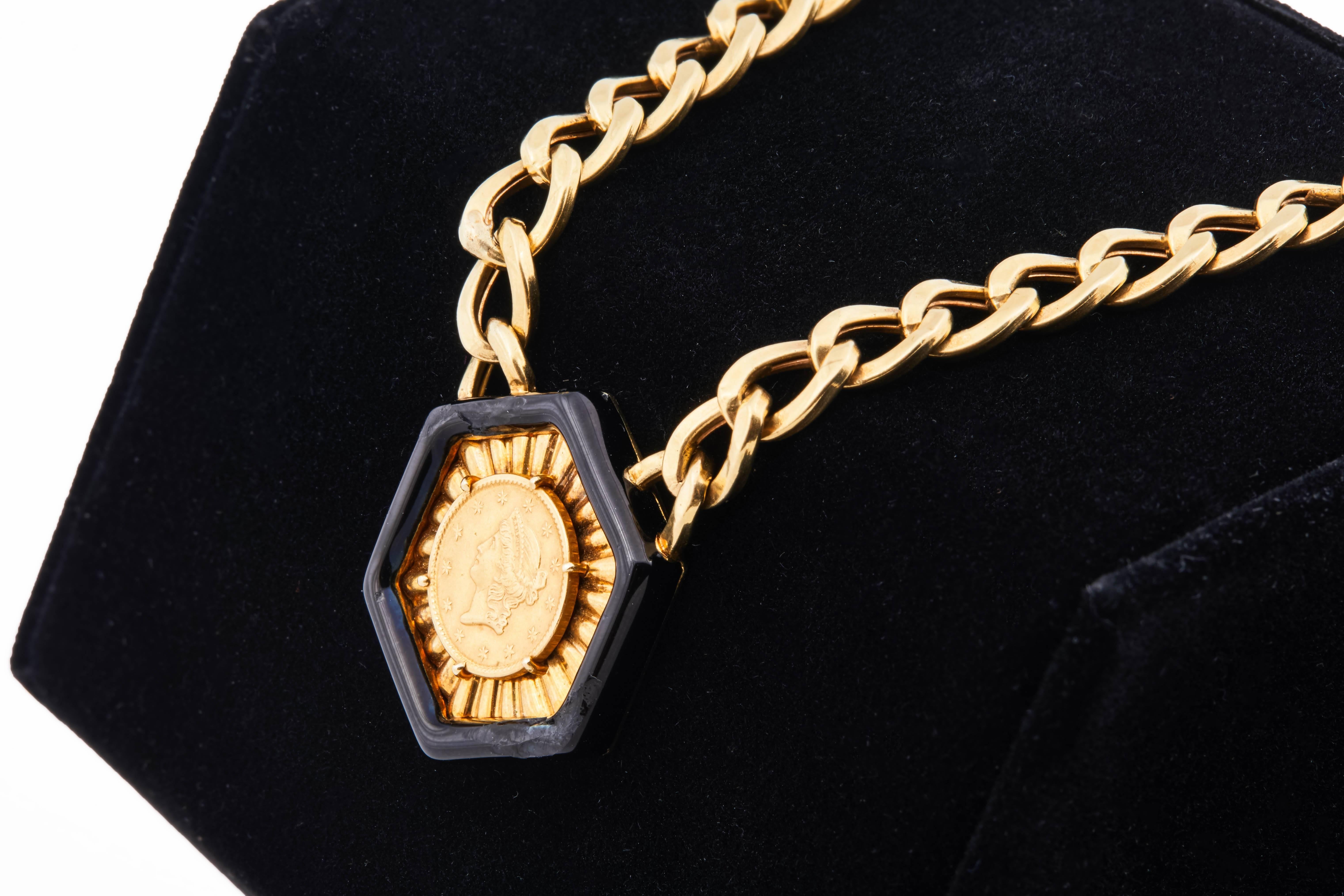 David Webb 1851 Liberty Head Dollar Enamel Hexagon Gold Pendant Choker In Good Condition In Chicago, IL
