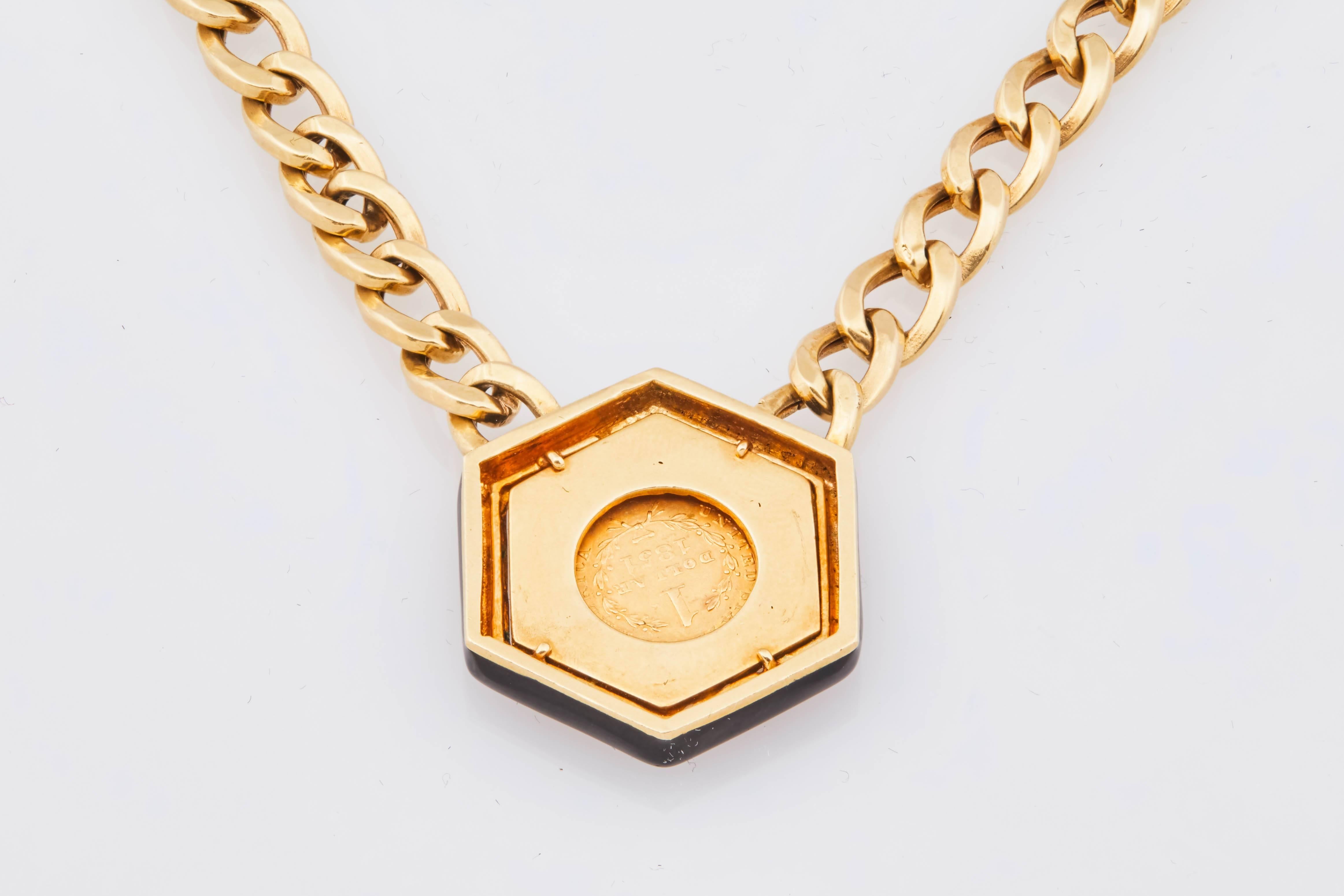 David Webb 1851 Liberty Head Dollar Enamel Hexagon Gold Pendant Choker 1