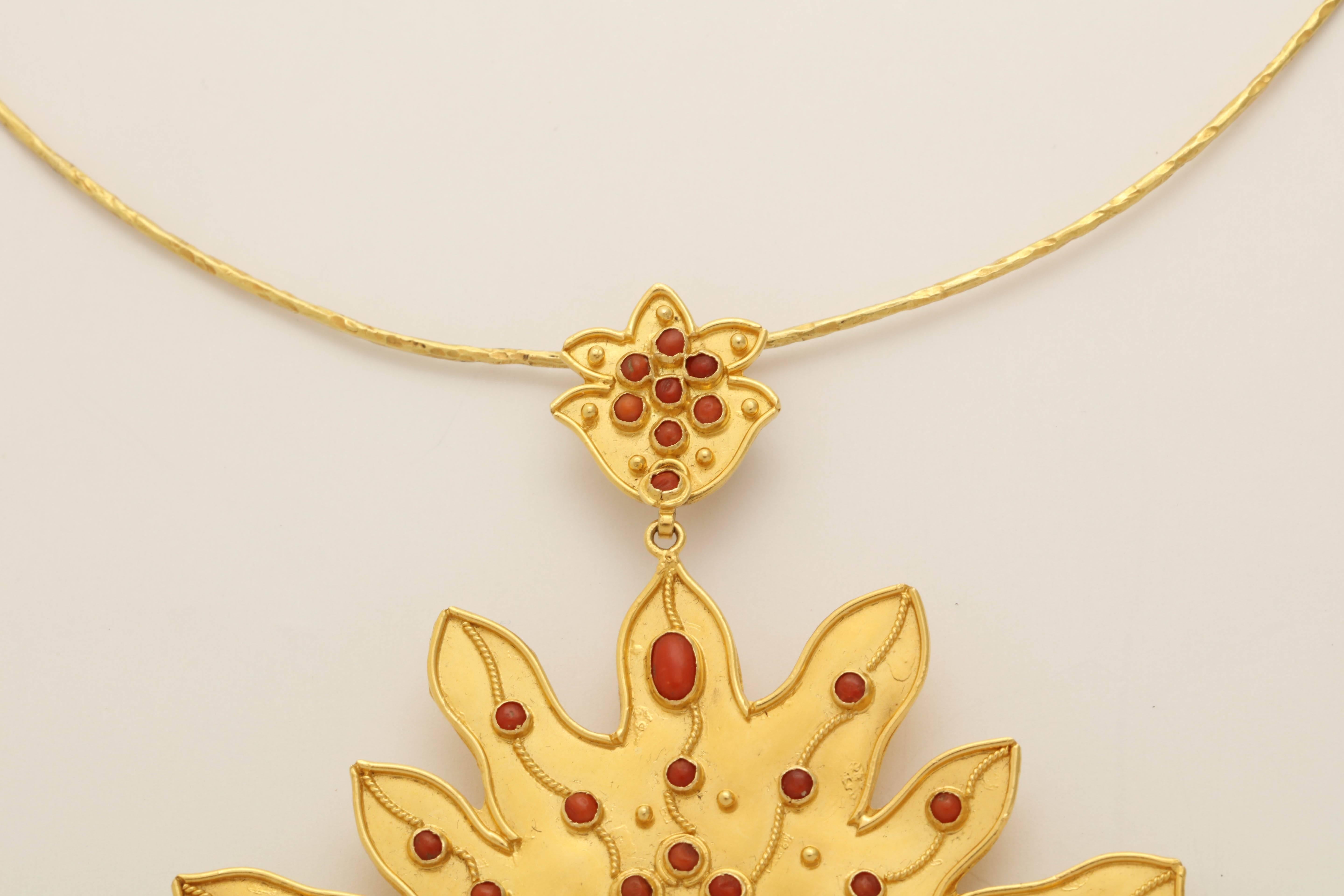 Contemporary Gold Coral Flame Pendant Necklace