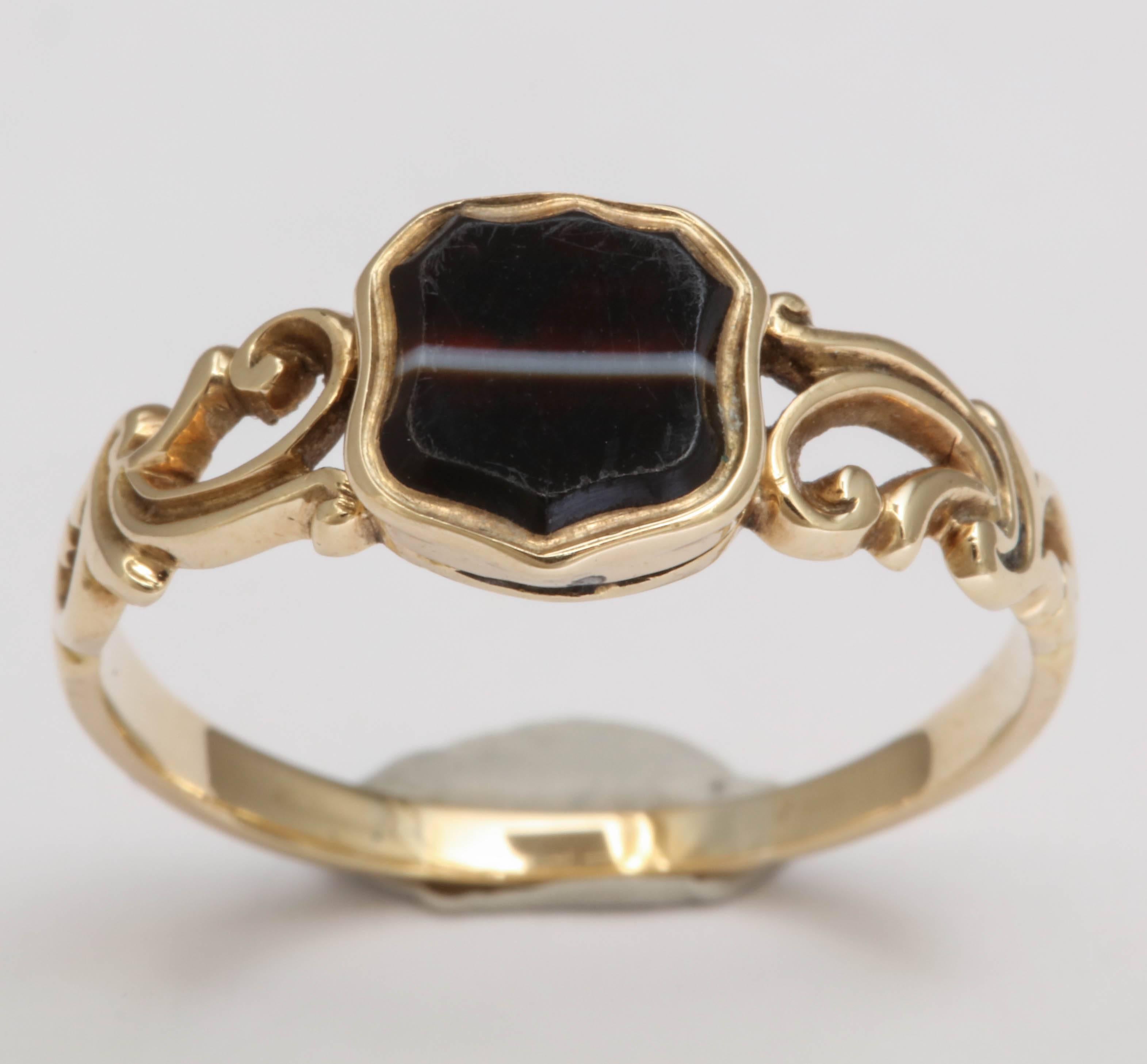 Victorian Banded Agate Shield Ring with Hidden Locket Compartment