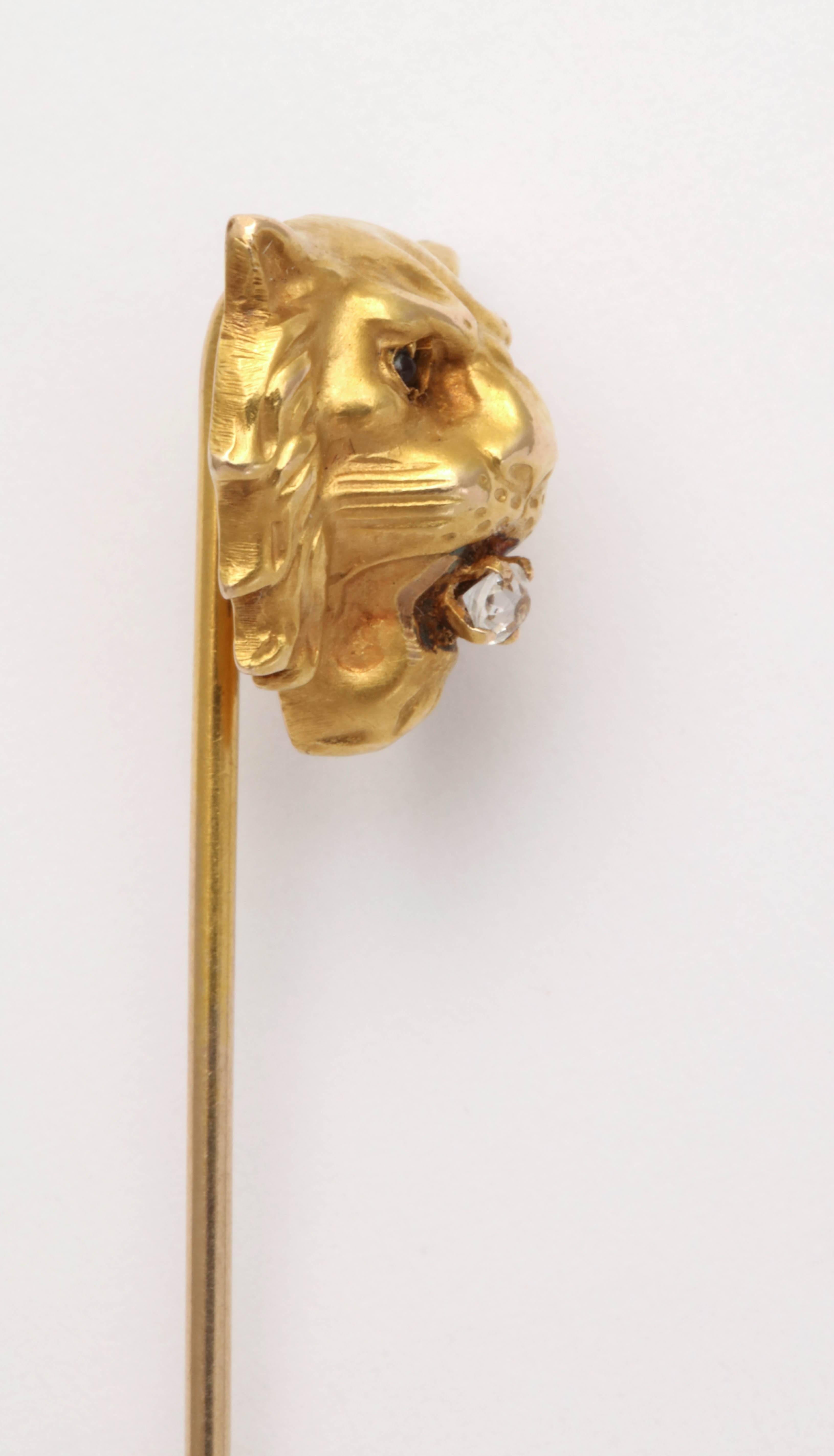 Garnet Eyed Lion Stickpin with Diamond in His Mouth In Excellent Condition In New York, NY
