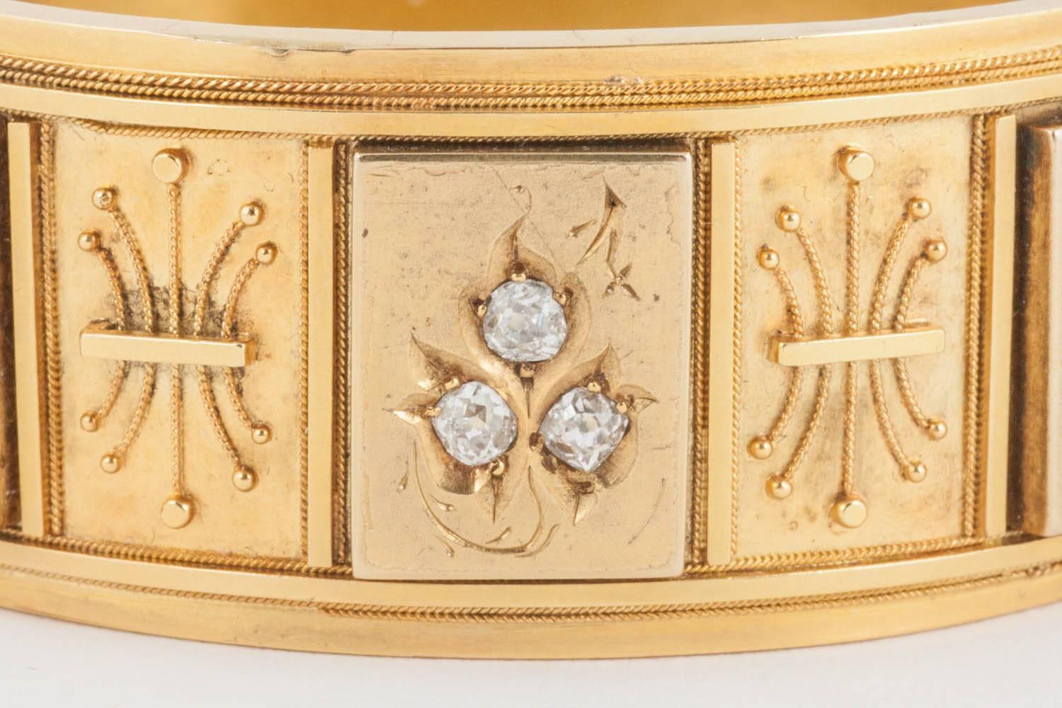 Victorian 15ct Gold wide cuff bangle set with natural Pearls and old cut Diamonds. Etruscan revival details.