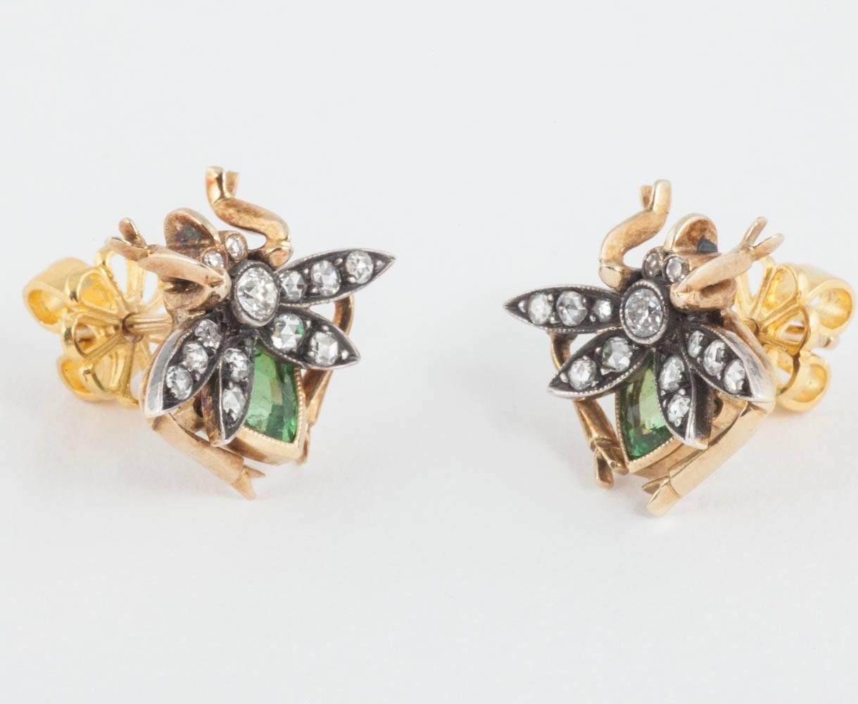 18ct Gold Gen set stud earrings representing bugs. Set with Peridots and Diamonds