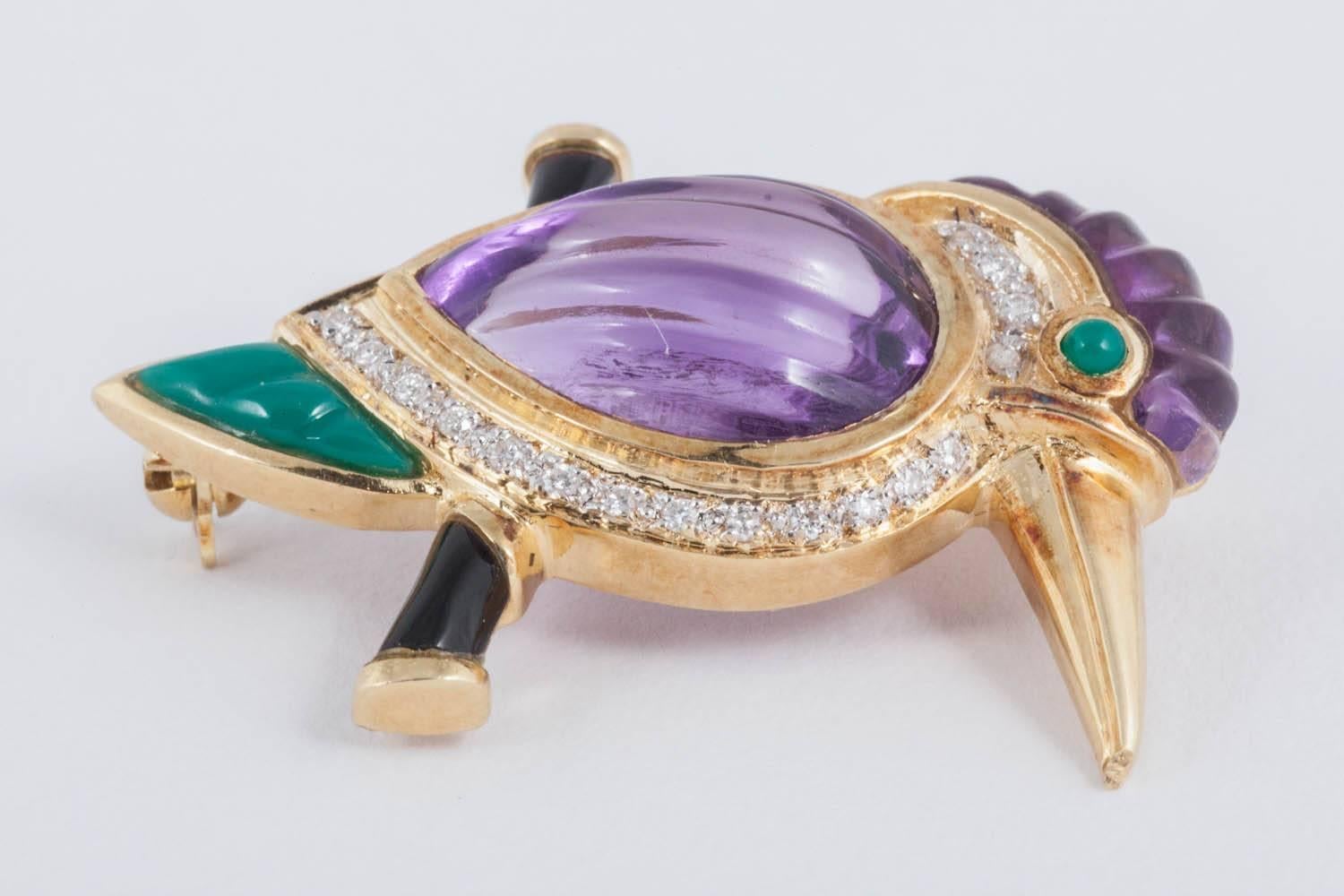 Modern gem set Kingfisher Brooch / Pendant set in 18ct Gold. with large carved Amethyst to centre. with Diamonds and carved Chalcedony 