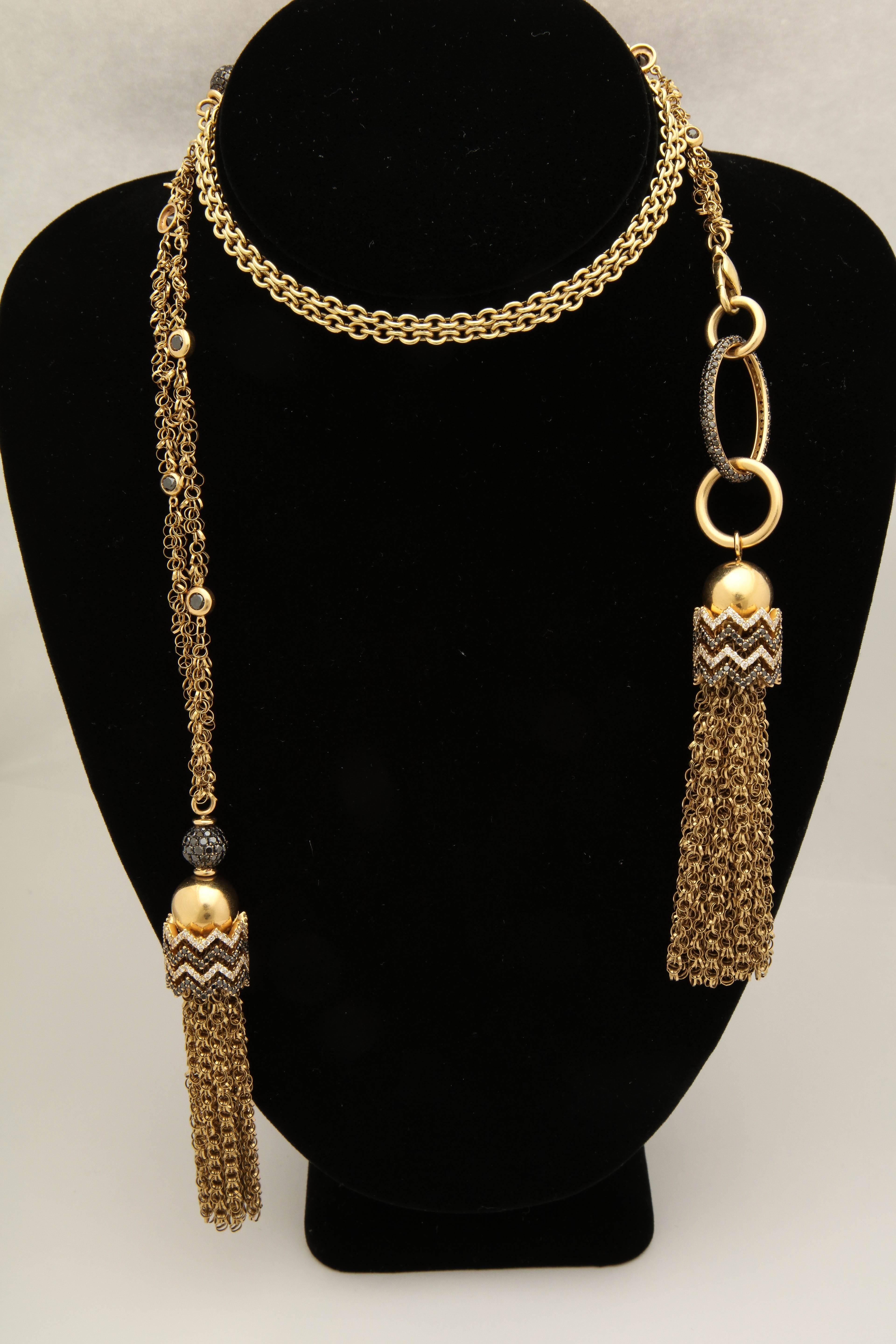 1990s Lariat Detachable Gold Tassel, Fringe Design Long Chain Diamond Necklace 2