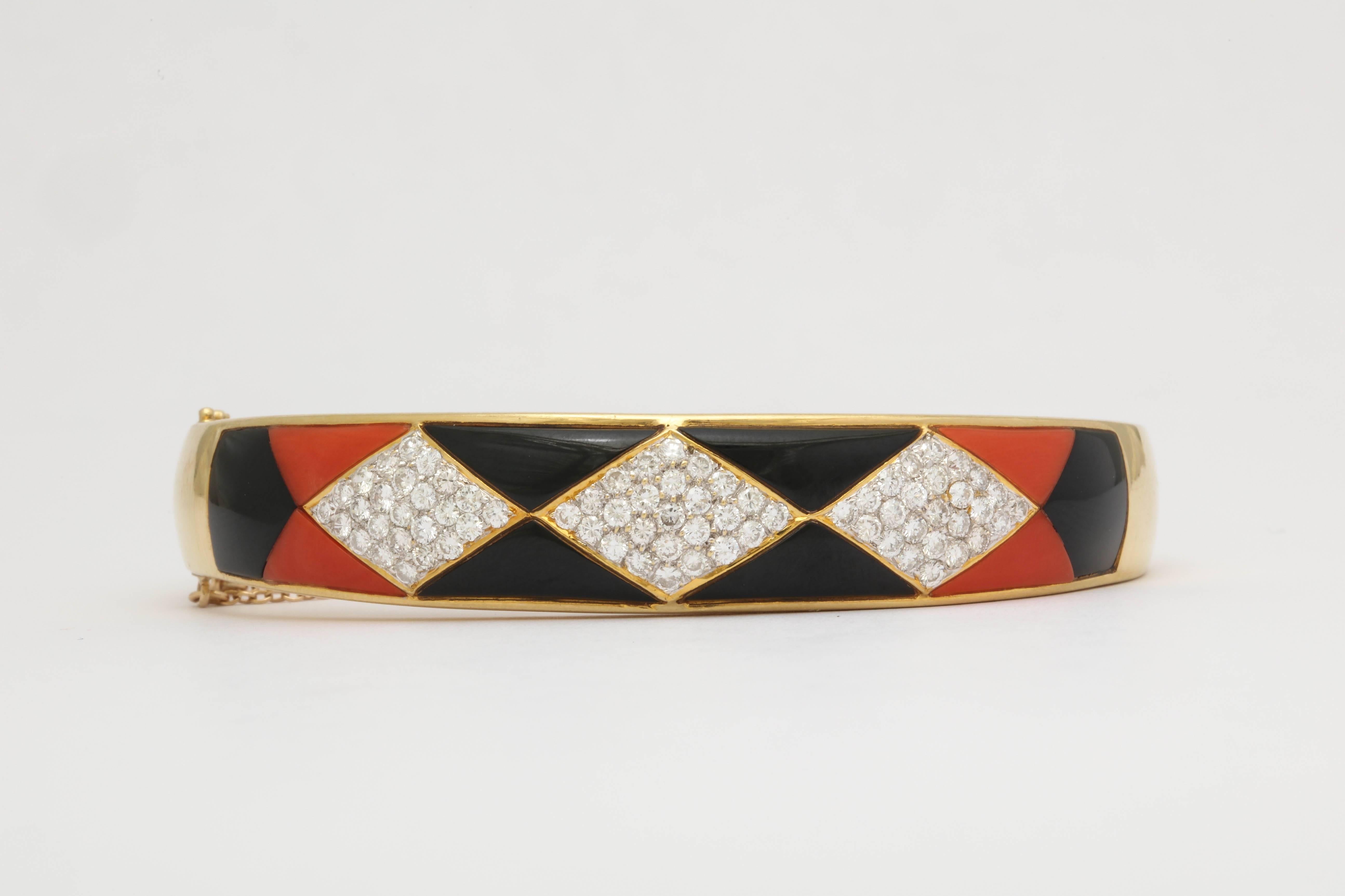 Women's 1970s Horizontal Marquise Cut Onyx, Diamond and Coral Custom Cut Bangle Bracelet