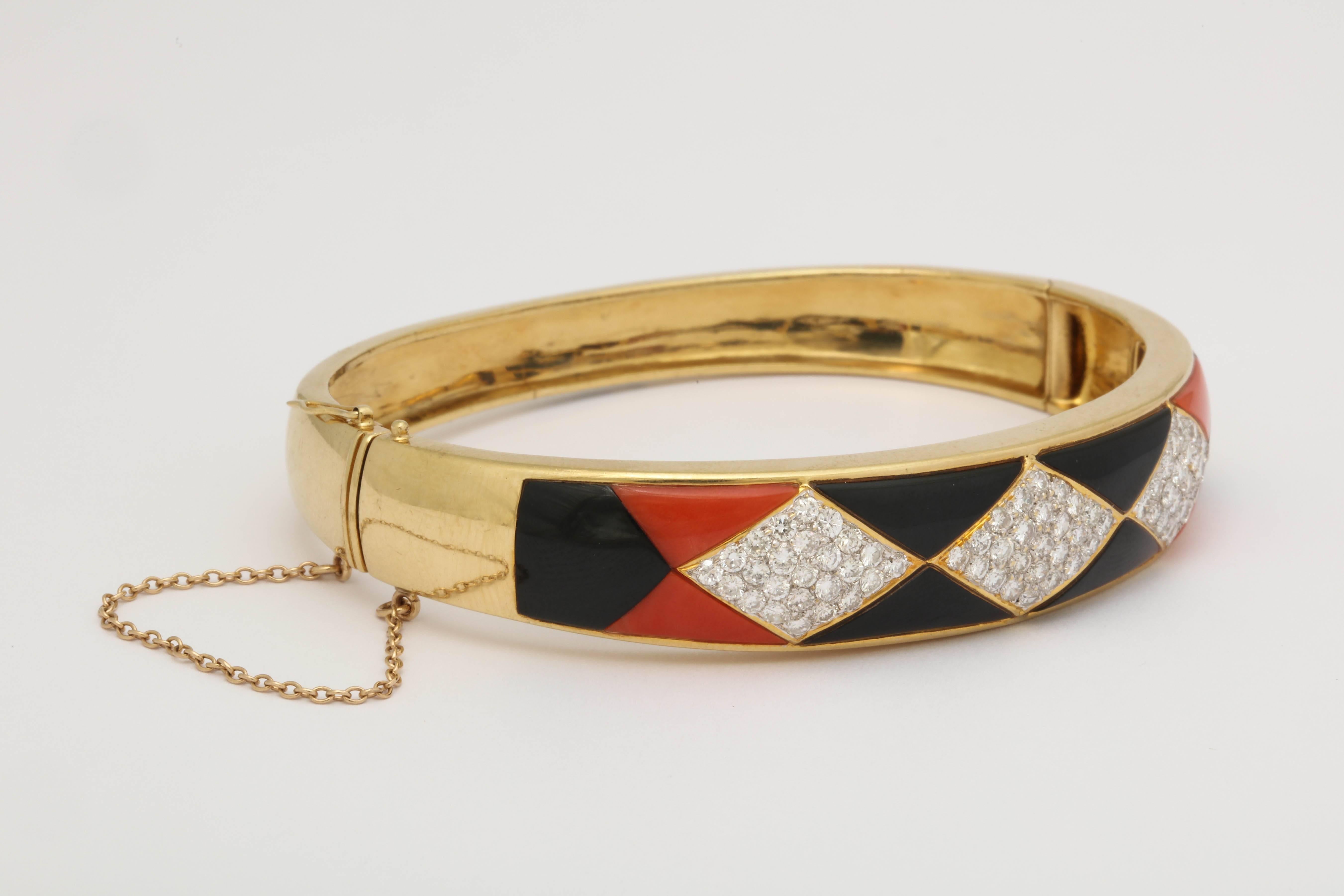 1970s Horizontal Marquise Cut Onyx, Diamond and Coral Custom Cut Bangle Bracelet 1