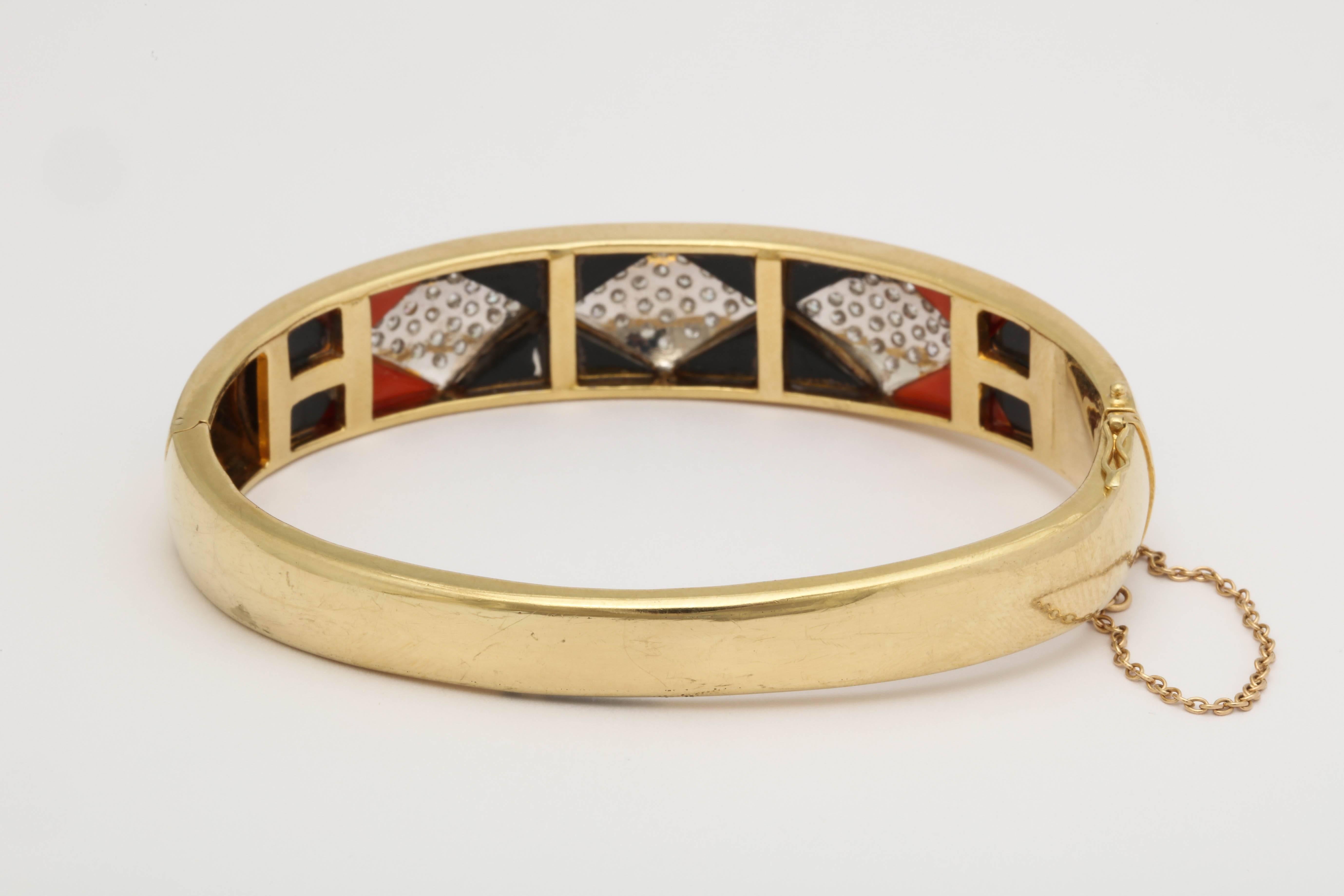 1970s Horizontal Marquise Cut Onyx, Diamond and Coral Custom Cut Bangle Bracelet 2
