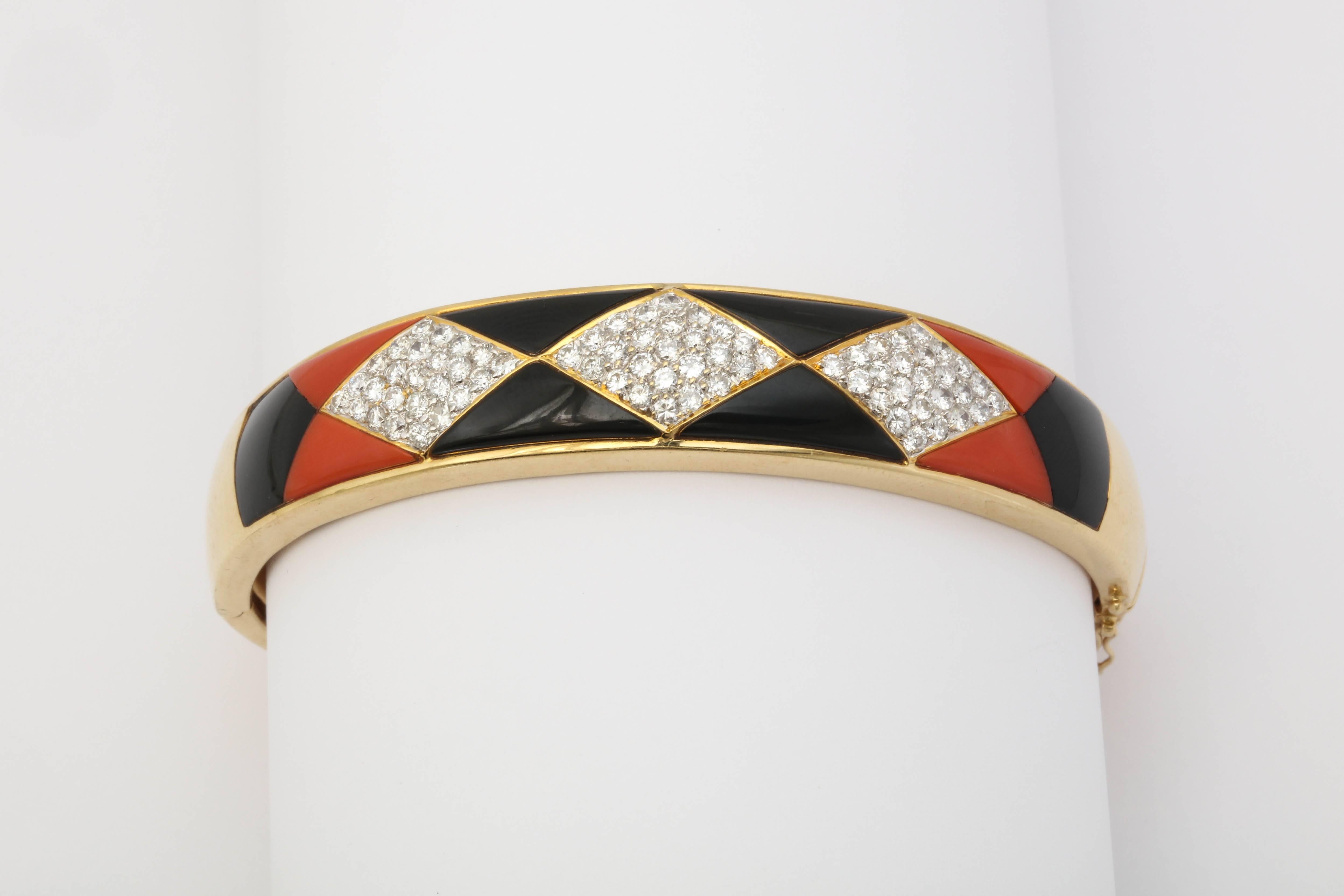 1970s Horizontal Marquise Cut Onyx, Diamond and Coral Custom Cut Bangle Bracelet 4