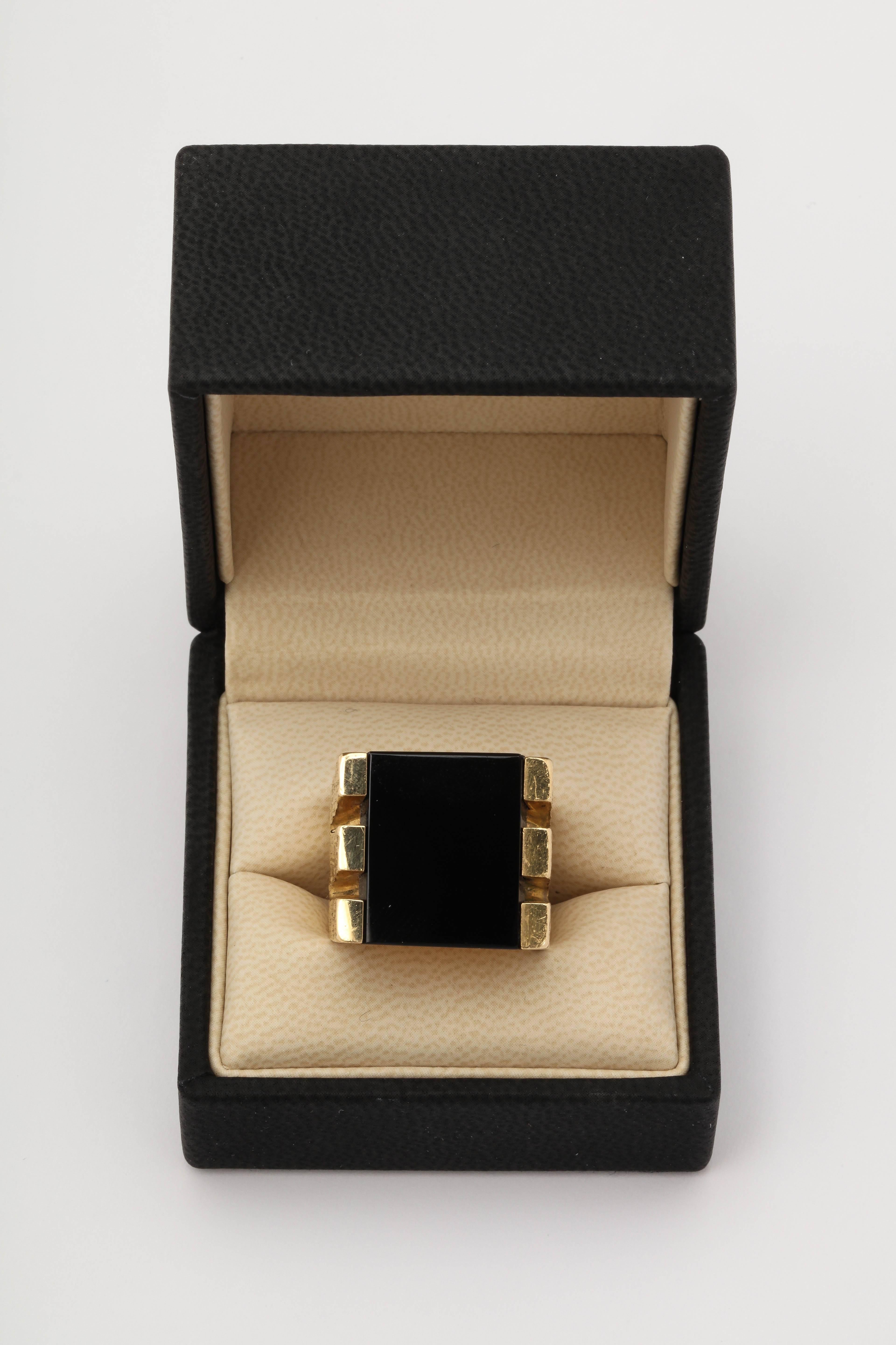 1970s Square Large Onyx and Bold Gold Unisex Ring In Excellent Condition In New York, NY