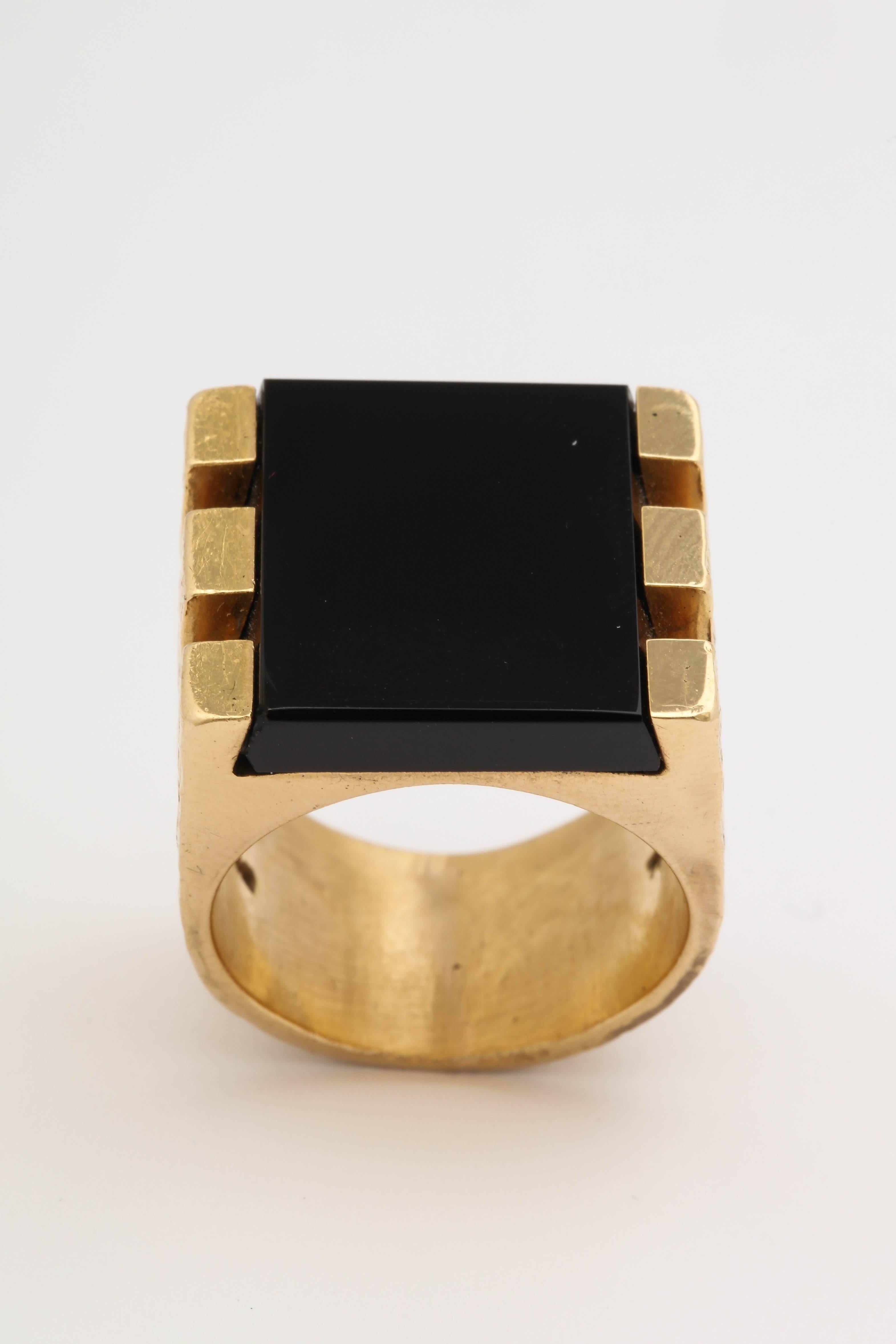 1970s Square Large Onyx and Bold Gold Unisex Ring 1