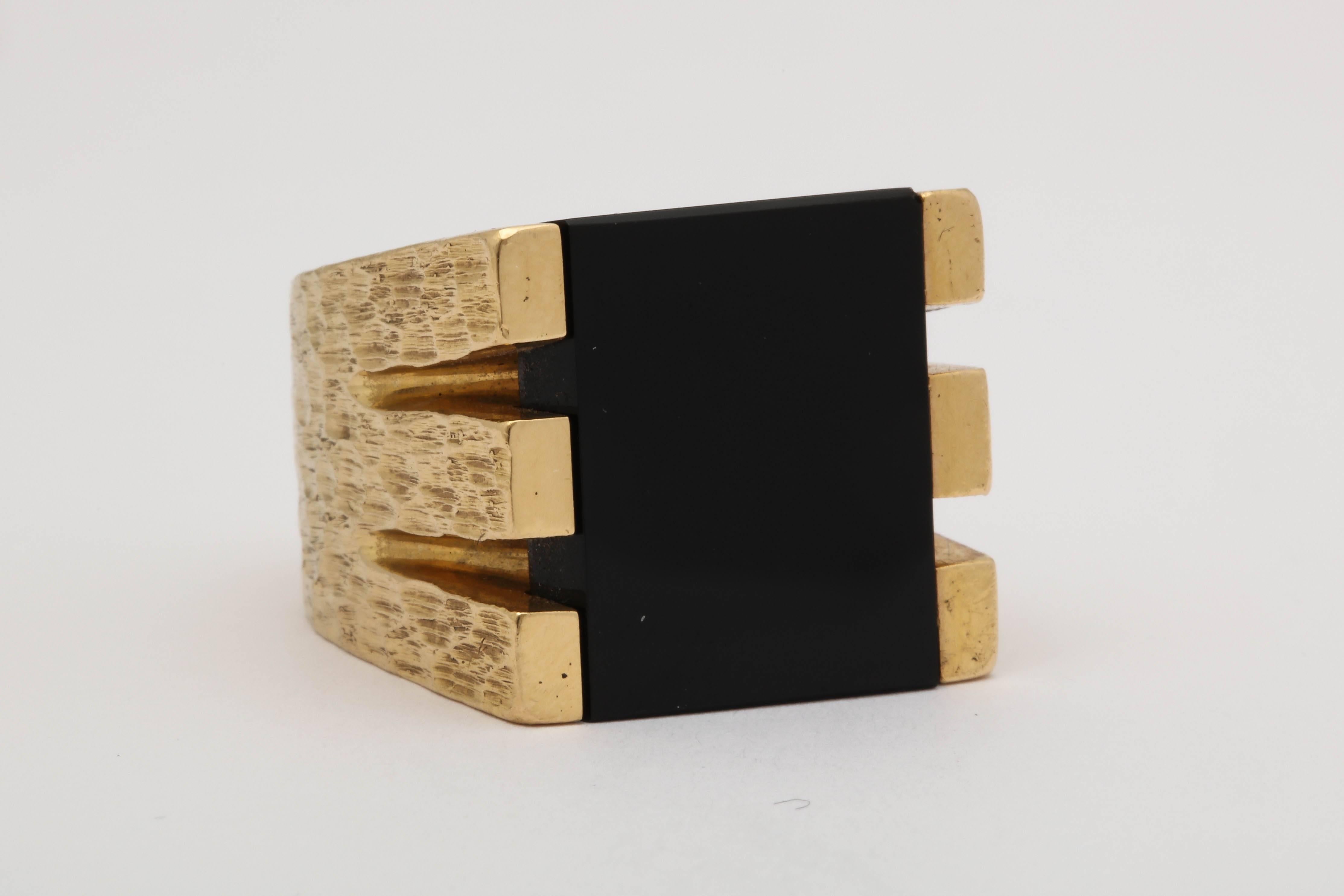 1970s Square Large Onyx and Bold Gold Unisex Ring 2