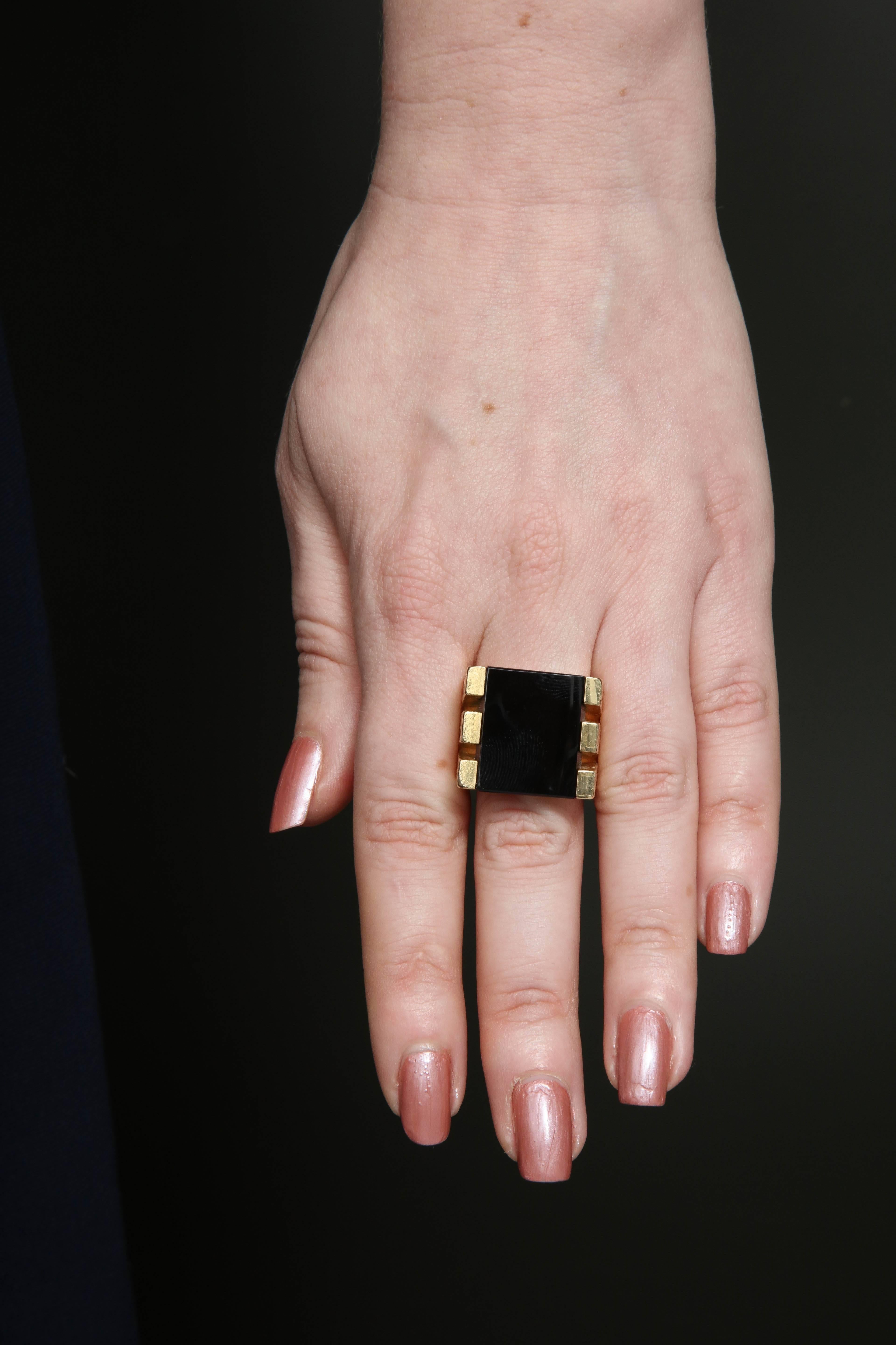 1970s Square Large Onyx and Bold Gold Unisex Ring 7